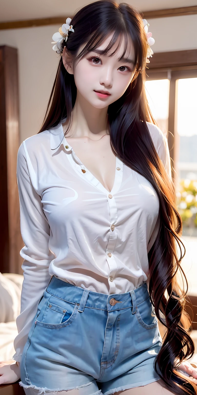 Bust photo，tmasterpiece， black_hair， 1 Korean girl， long_hair，long whitr hair，horse tailed，In a white blouse shirt，blue jeans short pants，blacksilk， chino，anatomy correct， textureskin， tmasterpiece， ccurate， high qulity， high detal， super detailing， best qualtiy， A high resolution， 16k， UHD，