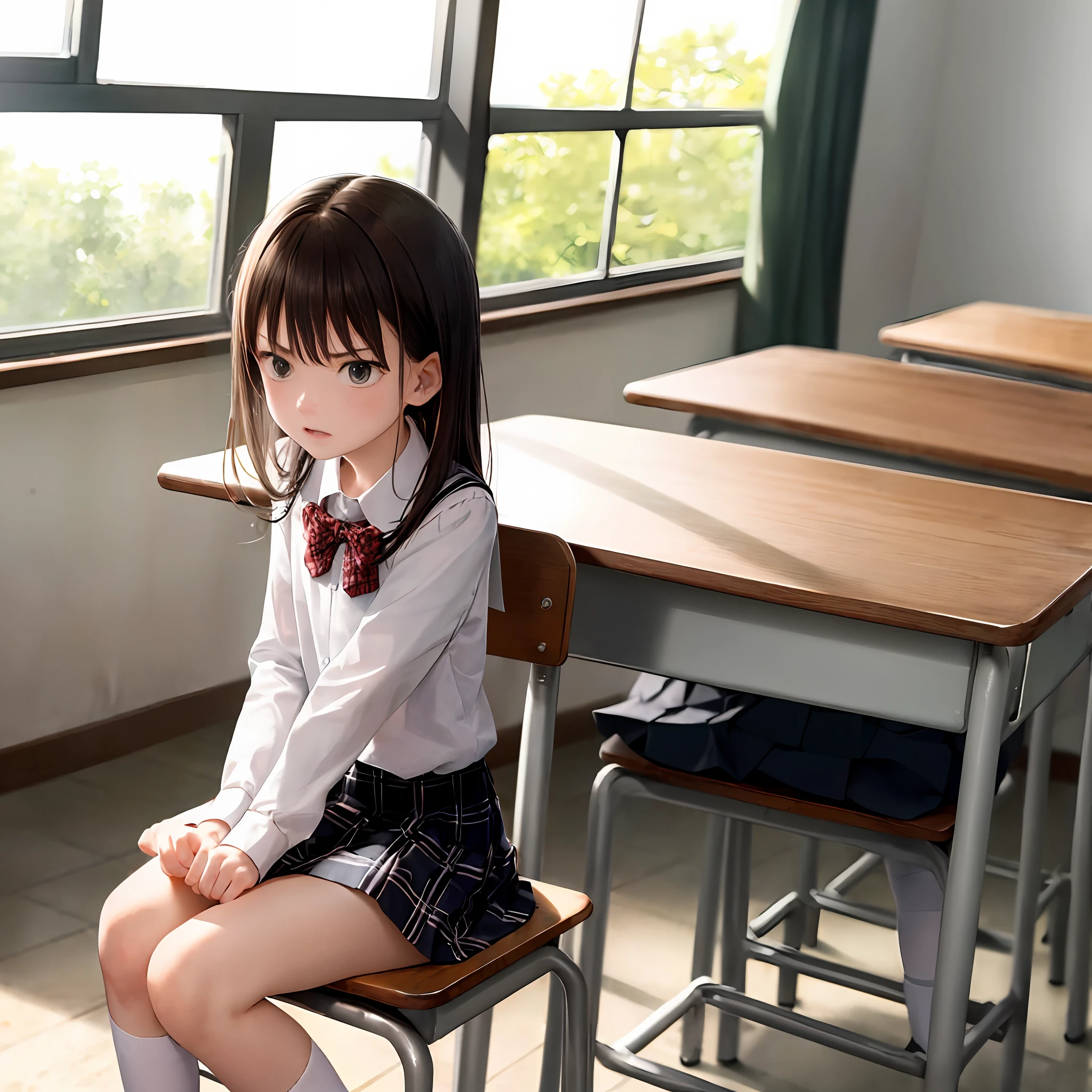 (Masterpiece:1.1), (Best quality:1.1), (White blouse:1.1), (checkered skirt:1.1), （School uniform 1.1）（Classroom 1.1），Sit on a stool with your hands on the table，（Expression angry 1.1）