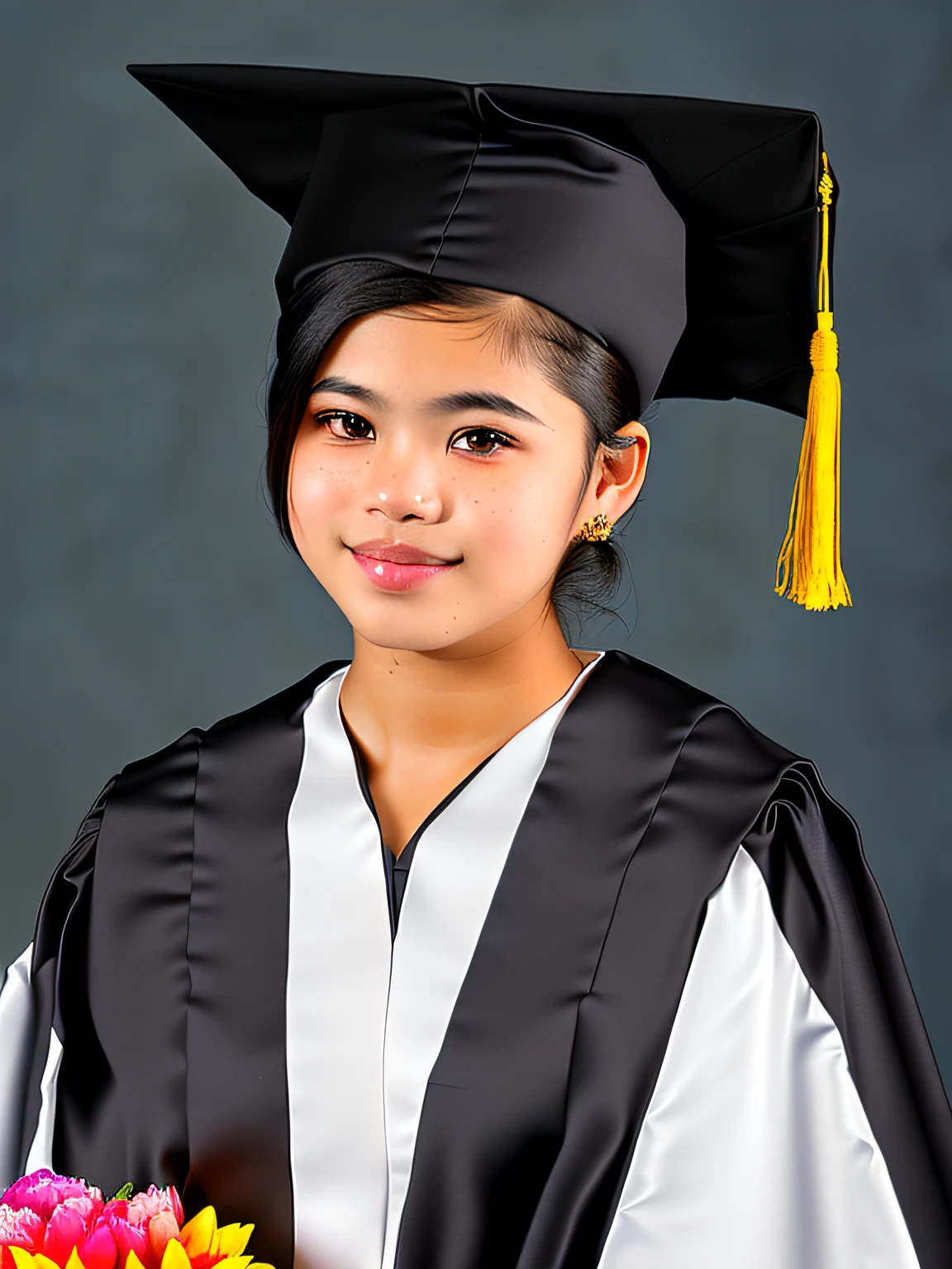 Arafed woman in prom dress holding a bouquet of flowers, Foto de formatura, wearing an academic gown, young asian girl, Close Up foto retrato, portrait of high school girl, foto de retrato em close-up, close up foto de retrato, Rapariga, foto da , foto de retrato, Foto, post graduate, menina bonito, foto retrato de alto detalhe, foto retrato bonito