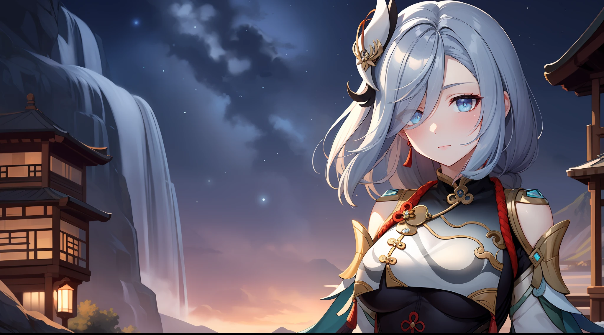 shenhedef, upper body, serious expression, blush, outdoors, night, liyue house background, night starry sky, short hair, sky, beautiful nature surrounding by waterfall, looking at viewer, mountain, moody lighting, (perfect detail eyes:1.2), glowing eyes, long hair braid