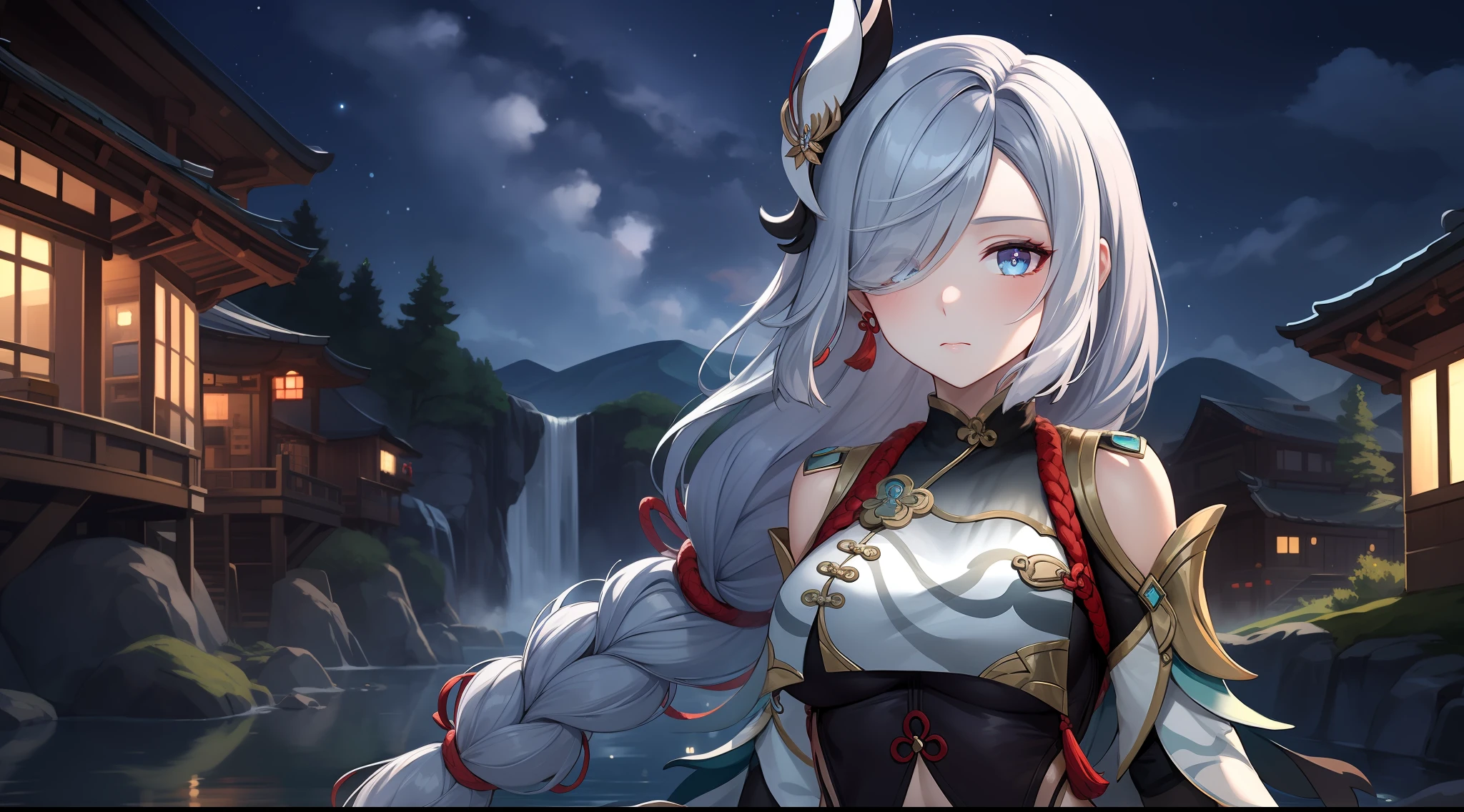 shenhedef, upper body, serious expression, blush, outdoors, night, liyue house background, night starry sky, short hair, sky, beautiful nature surrounding by waterfall, looking at viewer, mountain, moody lighting, (perfect detail eyes:1.2), glowing eyes, long hair braid