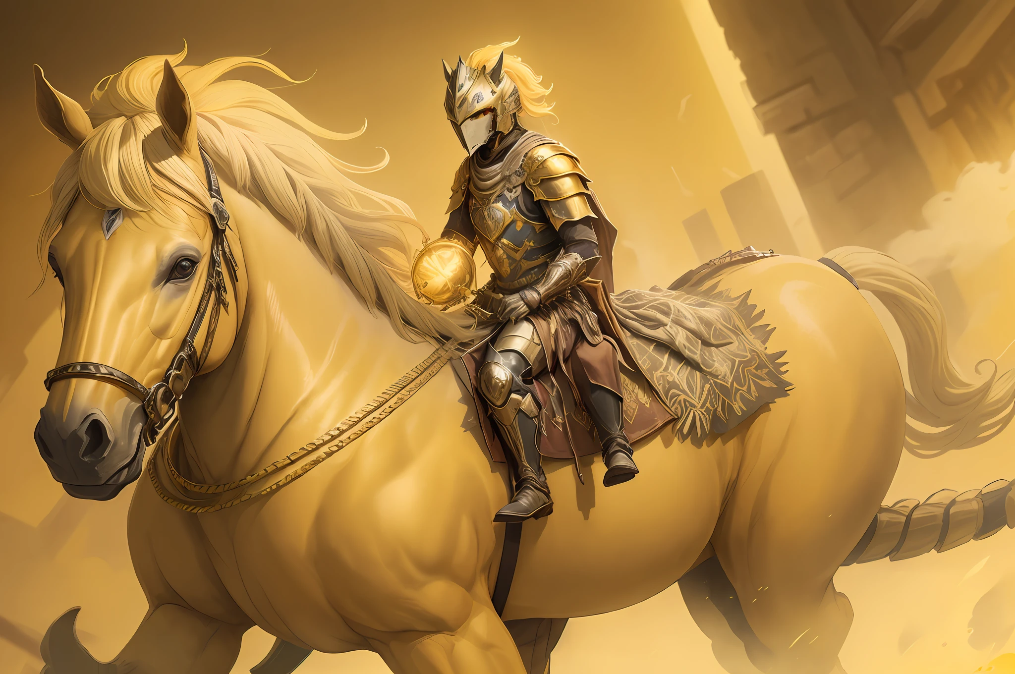 um homem  com armadura brilhante, um cavaleiro imponente, do apocalipse montado em um (((cavalo amarelo ))). Um Cavaleiro do Apocalipse , in battle position.