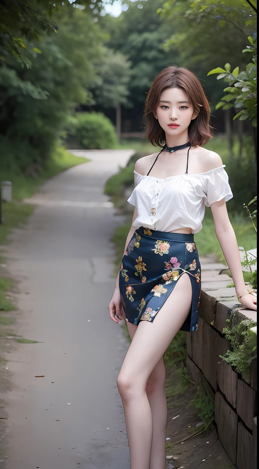 NSFW， 8K Raw photograph， best qualtiy， tmasterpiece， 超高分辨率， filmgrain， cinematic ligh， 1girll， looking at viewert， Natural skin texture， Realistic Eyes and Face Details， full pouty lips， lipsticks， （putting makeup on）， Red eyeshadow， Short fluffy hair， messy  hair， ssmile， Rejoice， beautifullegs， Tall women， being thin， Slim_Legs， 独奏， ， Pose with your hips facing you， Mini print silk skirt， hindquarters， Beautiful natural location， Location of flowers around， （detailedbackground） ， Show a little through the shirt， Footwear， vague background， bblurry， halter，， short- sleeved， The ribbon is around the neck， JK ribbon， brown  hair， bangle， Eau， By bangs， jewely， parted lip， cparted lips， From the side Side， Printed silk skirt， depth of fields，beachside，zona rural，Printed silk suspenders，are standing，