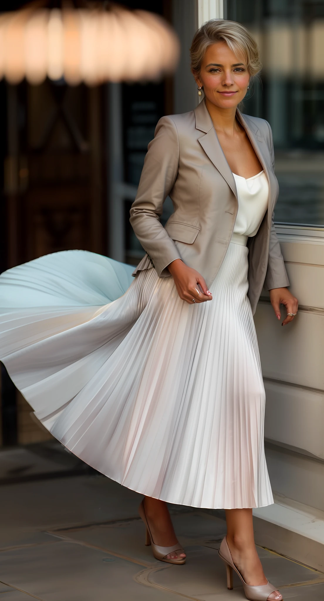 (very shy smiling) woman, authentic (kind and tender) good woman wearing a short blazer with a very very detailed (long (fully pleated) full circle skirt) and (simple) low heeled office shoes, very very intricate hyper-detailed symmetric (attractive graceful young feminine face) with (sad, tired eyes and a shy smile), large breasts, full of empathy and compassion and love, (pronounced (feminine) features), (highly detailed ultra accurate realistic) hands and fingers, (windy conditions and wind blowing), epic composition, highly detailed attributes, highly detailed atmosphere, (35mm f1.4 Kodak portra 400 photograph), extremely high quality RAW photograph, detailed background, intricate, Exquisite details and textures,