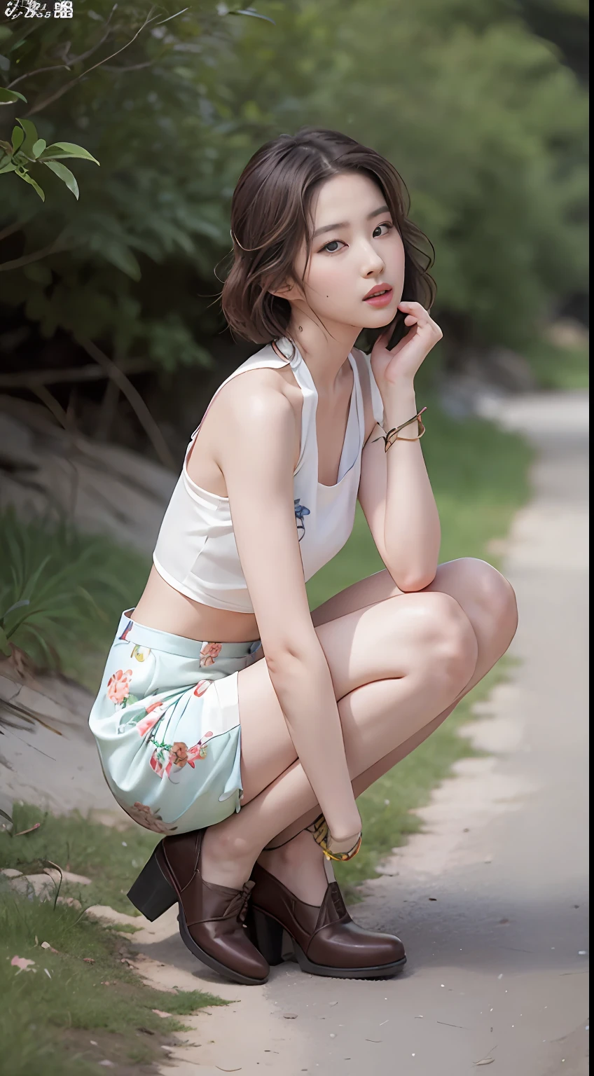 NSFW， 8K Raw photograph， best qualtiy， tmasterpiece， 超高分辨率， filmgrain， cinematic ligh， 1girll， looking at viewert， Natural skin texture， Realistic Eyes and Face Details， full pouty lips， lipsticks， （putting makeup on）， Red eyeshadow， Short fluffy hair， messy  hair， ssmile， Rejoice， beautifullegs， Tall women， being thin， Slim_Legs， 独奏， Brustwarzen， Pose with your hips facing you， Mini print silk skirt， hindquarters， Beautiful natural location， Location of flowers around， （detailedbackground） ， Show a little through the shirt， Footwear， vague background， bblurry， halter，， short- sleeved， The ribbon is around the neck， JK ribbon， brown  hair， bangle， Eau， By bangs， jewely， parted lip， cparted lips， From the side Side， Printed silk skirt， depth of fields，beachside，zona rural，Printed silk suspenders，are standing，