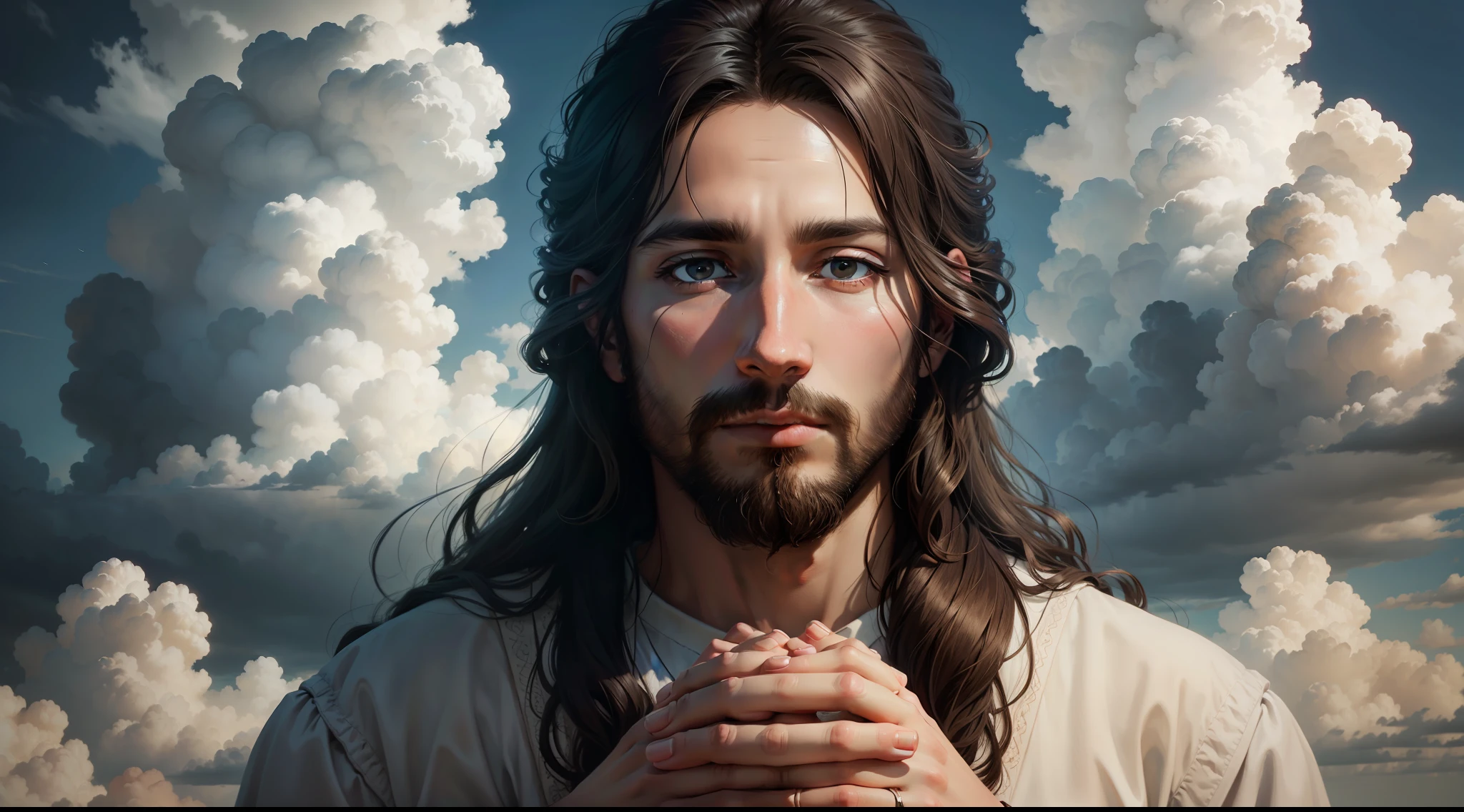[a realistic painting of Jesus with his hands in a praying position amid the clouds of heaven]
