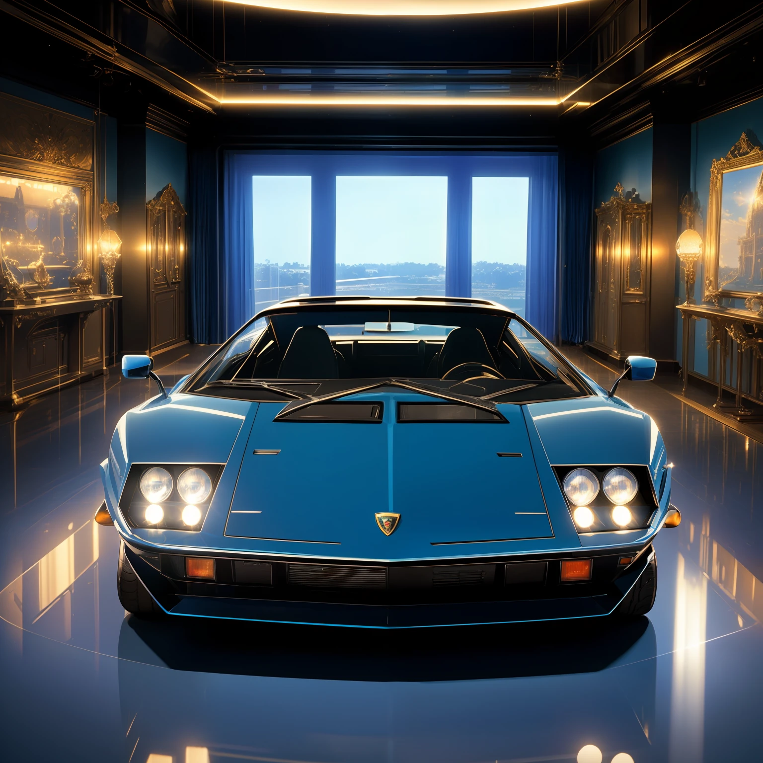 (masterpiece)+, (Best Quality)+, (Intricate Detail)+, 1974 Lamborghini Bravo, Blue paint highlights, showroom concept, lens flare, camera artefact, professional photographer, 4k, HDR, longitudinal symmetry