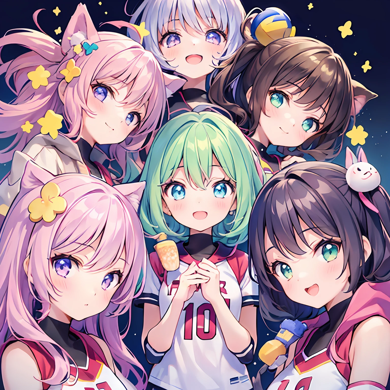 masterpiece, (2girls and 2girls and 2girls and 2girls as a volleyball team), idol, big eyes, kawaiitech, kawaii, cute, pastel colors, best quality, happy, deep background, symmetrical, tilted head, summer