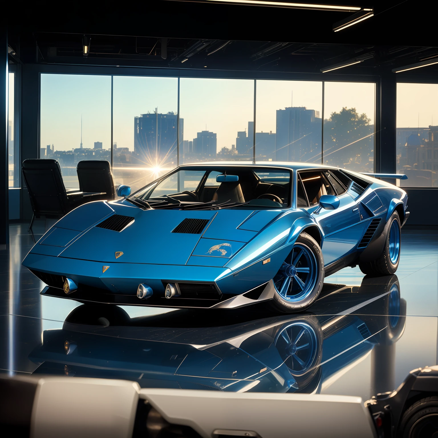 (masterpiece)+, (Best Quality)+, (Intricate Detail)+, 1974 Lamborghini Bravo, Blue paint highlights, showroom concept, lens flare, camera artefact, professional photographer, 4k, HDR, longitudinal symmetry