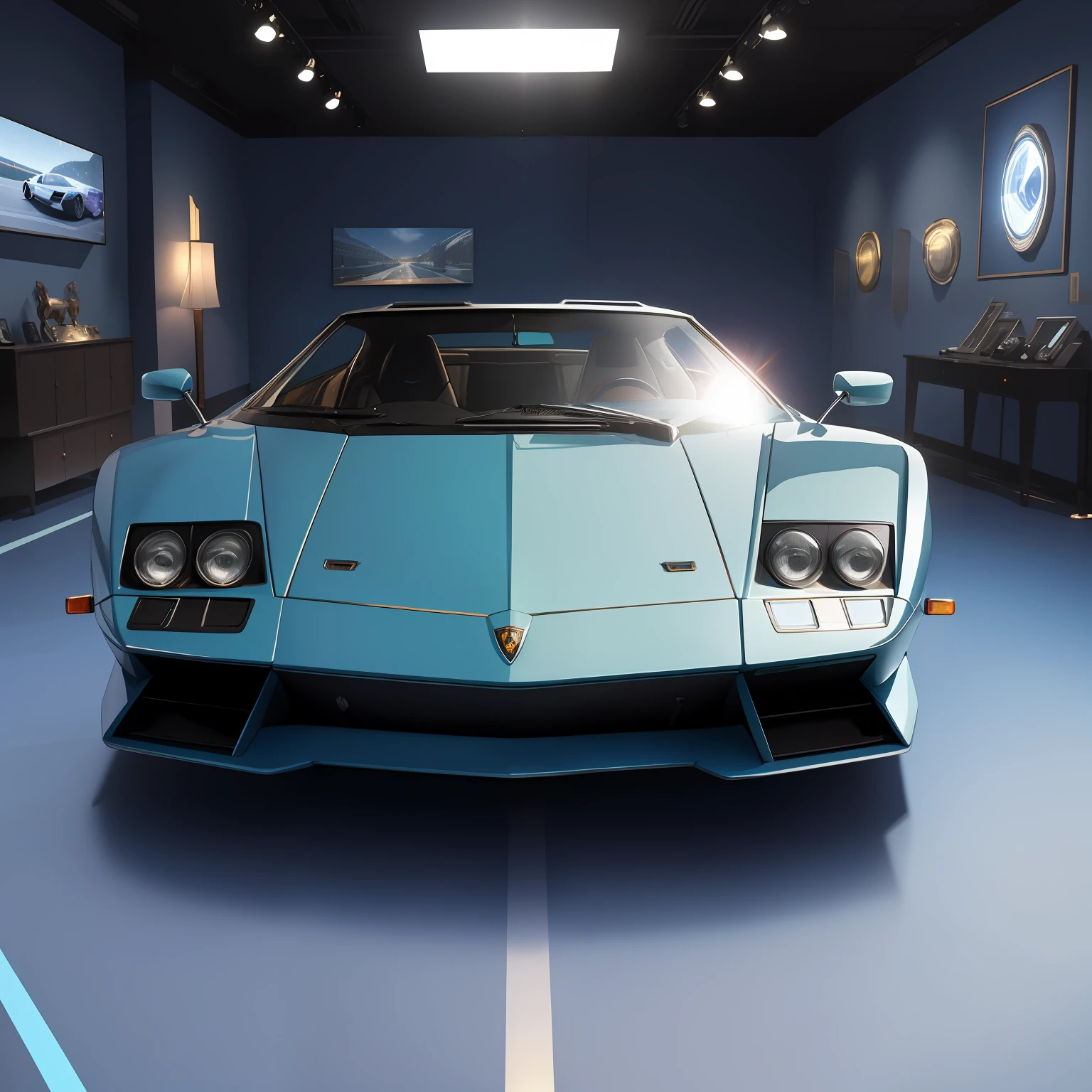 (masterpiece)+, (Best Quality)+, (Intricate Detail)+, 1974 Lamborghini Bravo, Blue paint highlights, showroom concept, lens flare, camera artefact, professional photographer, 4k, HDR, longitudinal symmetry