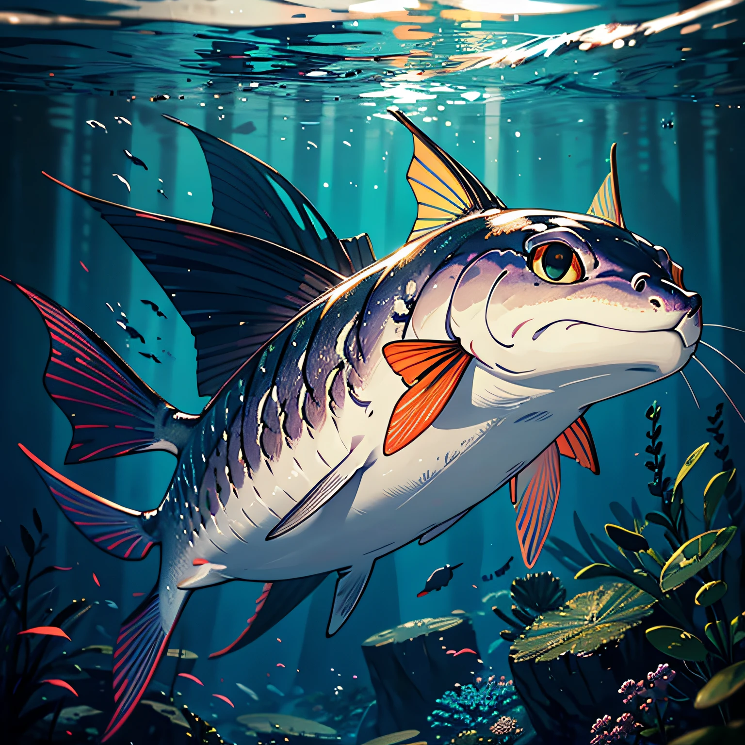 A catfish,Under water, hyper HD, Masterpiece, High quality