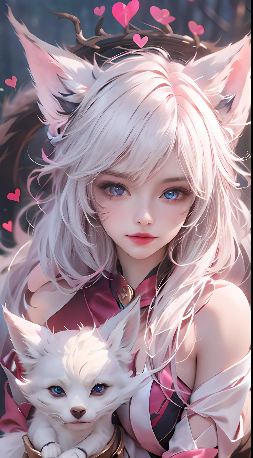 (Girl with white hair with fox ears)，ahri，league of legend，Vastaya，kyuubi，Fox ears white hair girl，Nine-tails exposed，Raised sexy，Charming，Seductive eyes，(full bodyesbian，floating in air，Raise the heart-shaped magic energy ball with both hands)，Exude power，Flowing and fluffy hair，aura of power，eBlue eyes，(Combat posture，Battle background:1.1)，8K，Complicated details