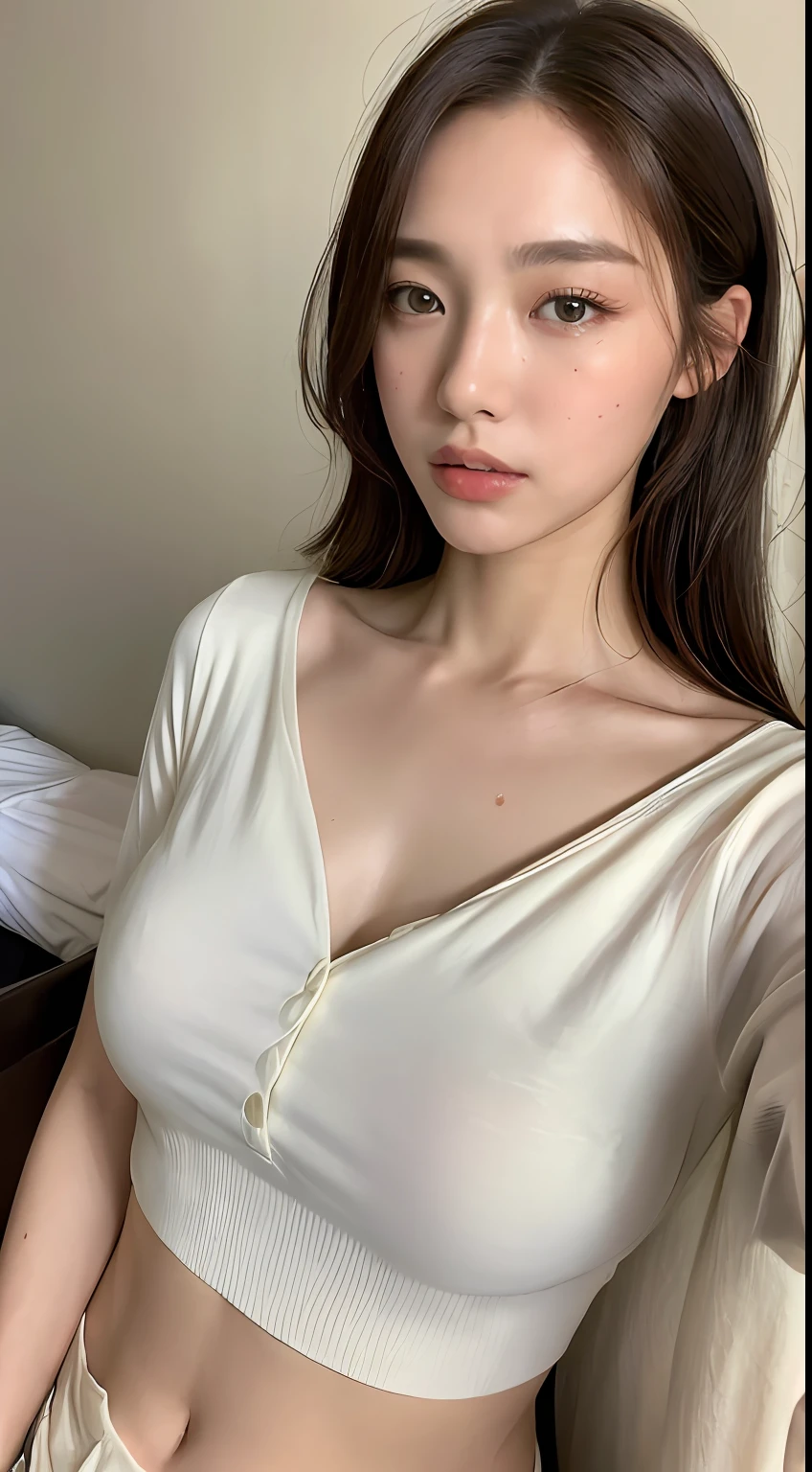 ((top-quality、8K、masterpiece:1.3))、Beautuful Women、1 female、爆乳:1.3、Slender body type:1.1、Toned belly、dark brown hair、(wetting hair、Wet T-shirt:1.1)、Super Detailed Face、Detailed lips、A detailed eye、二重まぶた、On the bed、Emphasis on the chest