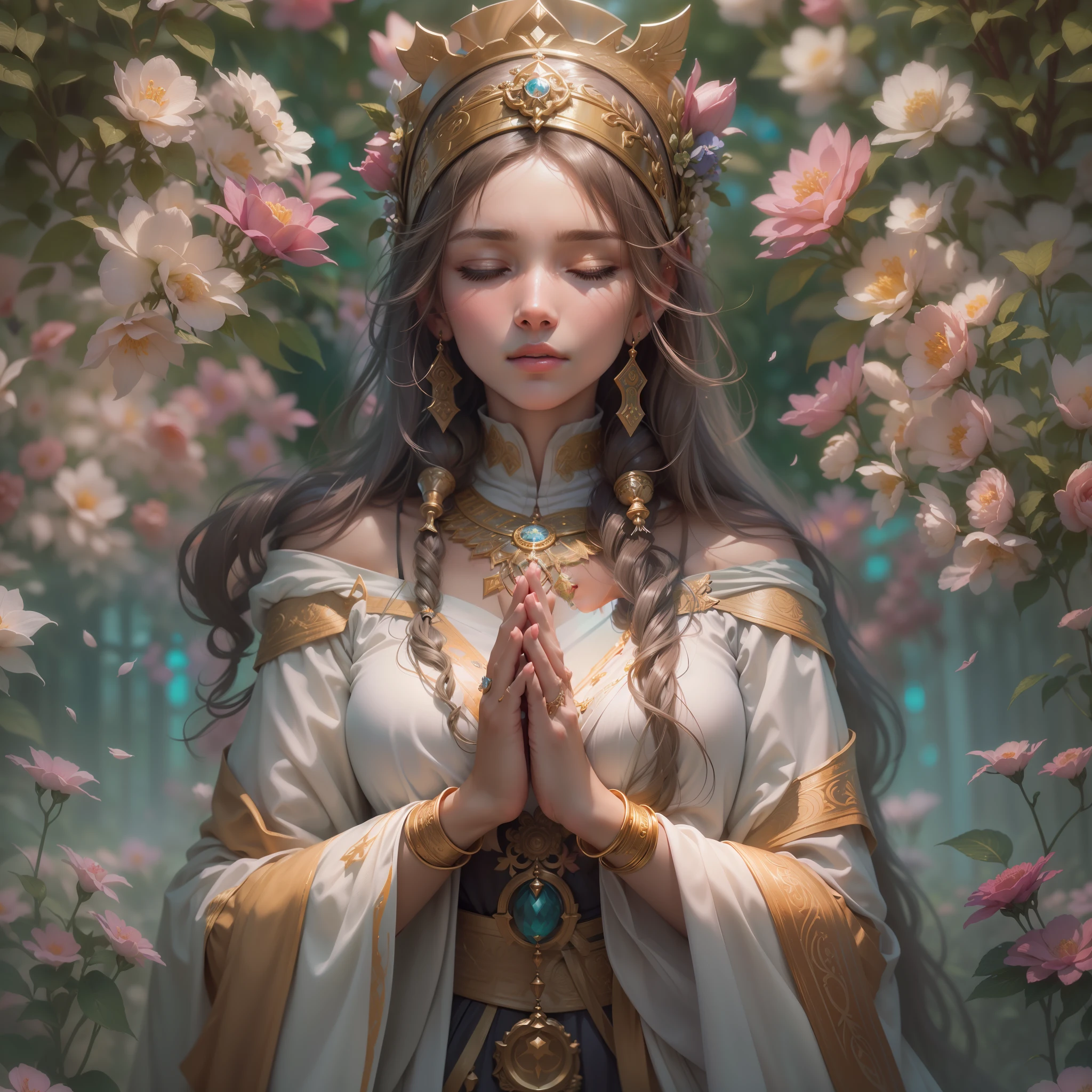 Award-winning photos of women, octan render, HDR, (hyperdetailed: 1.15), (Soft, Sharp Light: 1.2), 1Girl, priestess, eyes closed, from ((Hold hands together in gratitude.)), mature, beautiful body, eyes closed, Long knee hair ((priestess))), ((Masterpiece, Top  Quality, Best Quality, Official Art, Beautiful and aesthetic: 1.2), Extremely detailed, colourfull, In more detail ((Ultra-detailed)), (Highly detailed CG illustrations), ((Extremely delicate and beautiful)), Cinematic light, a garden, praying, head down