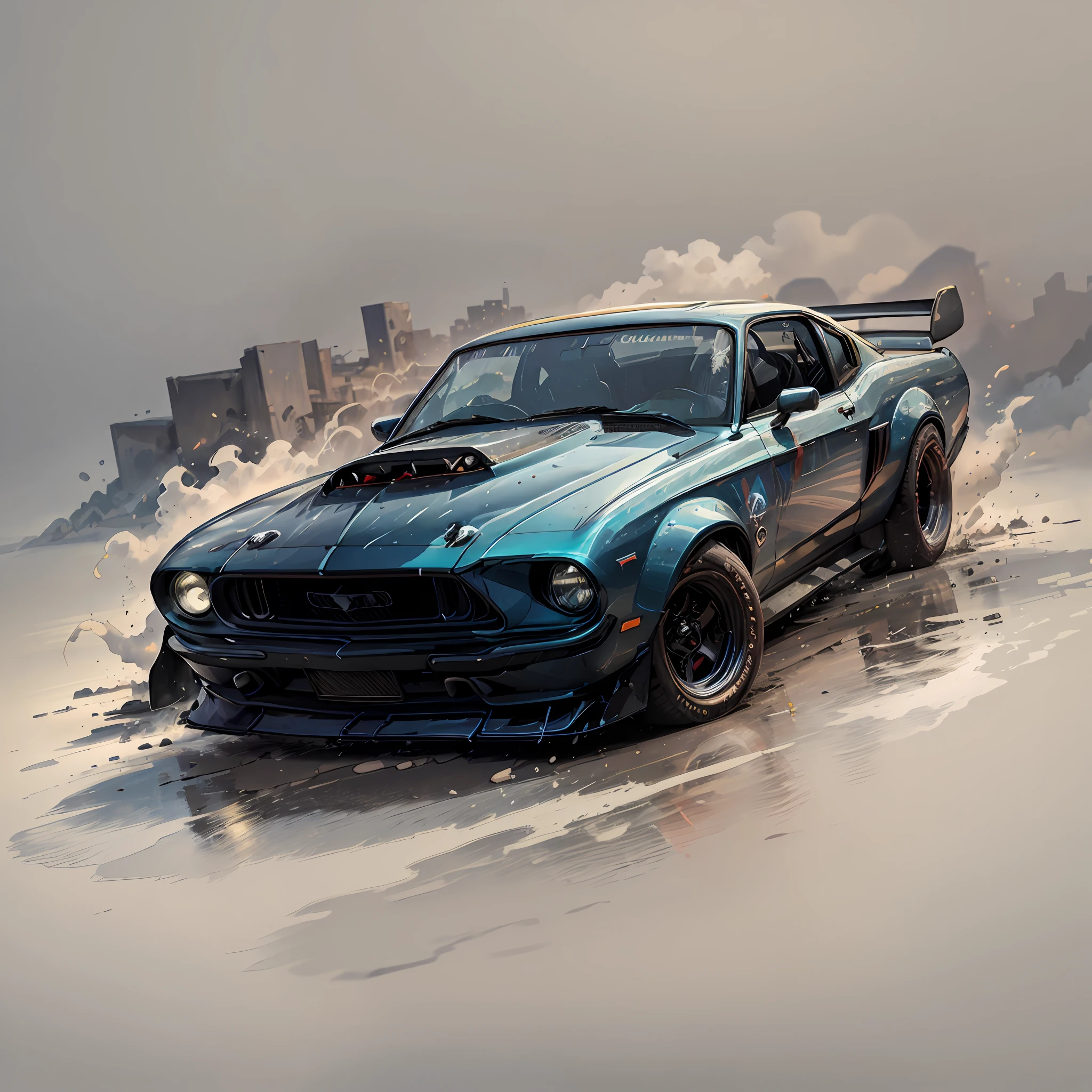 Graphic design, flat design, 1968 Ford Mustang Black Shelby, watercolor splashes, clean highly detailed, photorealistic masterpiece, professional photography, realistic car, abstract watercolor background, isometric, vibrant color vector, sharp focus, volumetric mist, 8k UHD, DSLR, high quality, grain film, Fujifilm XT3