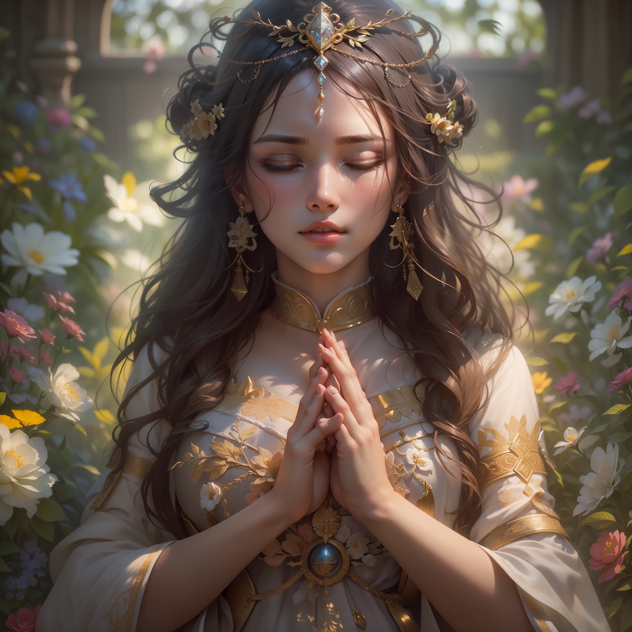 Award-winning photos of women, octan render, HDR, (hyperdetailed: 1.15), (Soft, Sharp Light: 1.2), 1Girl, priestess, eyes closed, from ((Hold hands together in gratitude.)), mature, beautiful body, eyes closed, Long knee hair ((priestess))), ((Masterpiece, Top  Quality, Best Quality, Official Art, Beautiful and aesthetic: 1.2), Extremely detailed, colourfull, In more detail ((Ultra-detailed)), (Highly detailed CG illustrations), ((Extremely delicate and beautiful)), Cinematic light, a garden, praying, head down