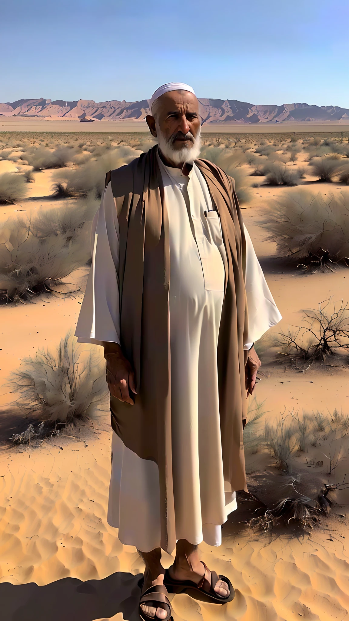 Homem arafed em um deserto com uma barba branca e um manto marrom, Manto do deserto, portrait of bedouin d&d, em um deserto, vestido thobe, standing in desert, no deserto, standing next to desert oasis, no deserto ao lado do golfo, vestindo poncho do deserto, Sheikh, holy man looking down at the ground, standing in desert