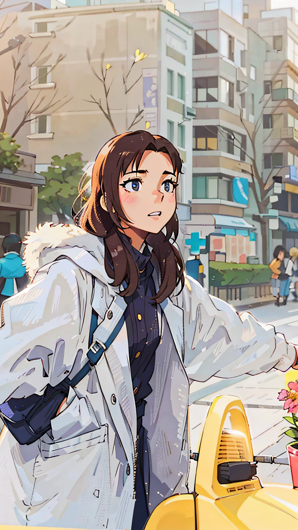 (best qualityer:0.8), (best qualityer:0.8), Perfect anime illustration,Extremely close-up of beautiful women passing through the city,Flowers in the background