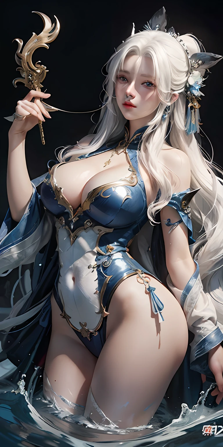 close-up of a woman with white hair and white mask，Belle peinture de personnage，Guviz，Guviz-style artwork，white-haired god，Yang J，Epic and beautiful character art，Stunning character art，FAN Qi，Wu Zhun Shifan，Guvitz at the Pixiv Art Station，gigantic cleavage breasts，Raised ，Get wet all over your body，Pose with your hips facing you