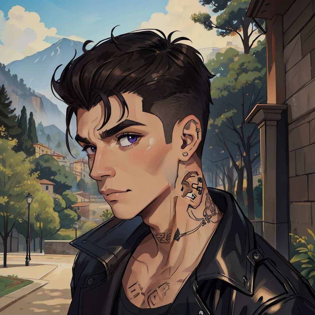 (obra-prima, melhor qualidade), detalhes intrincados, 8k, art-station, papel de parede, Arte Oficial, Arte Splash, foco nítido,
1 Man, looking at camera, short hair shaved on the sides, short dark brown hair, wearing black leather jacket, Purple eyes, soft expression, hair shaved on the side, Eyebrow and ear piercing, Park in the background, neck tattoo, Italy at the bottom of the park, dark skin, short hair shaved on the sides, daytime, Forests in the background in a park