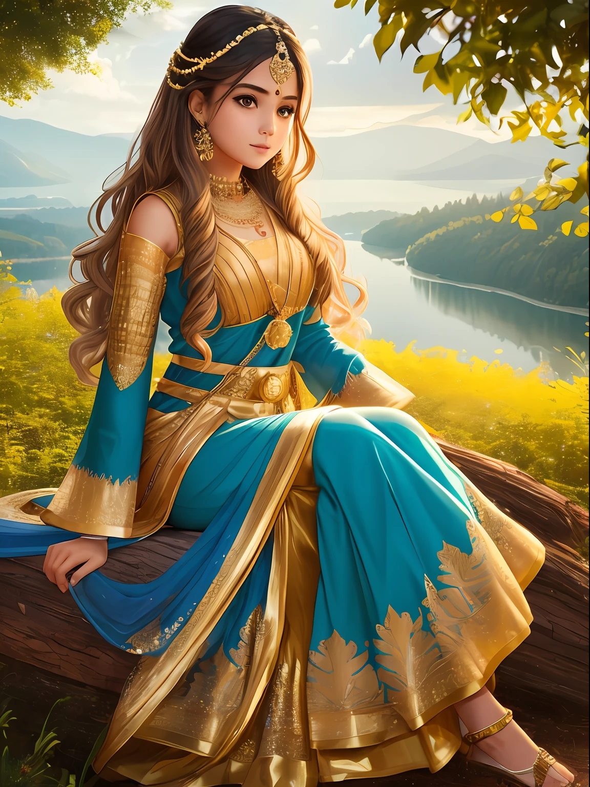1 girl, esthetic and delicate beauty with half back little wavy gold shining hair, gold modernized royal India costume, background is in forest that have lake, blue sky, rainbow, cloud, magic, glow diffuse light, cool breeze, detail, masterpiece, high quality