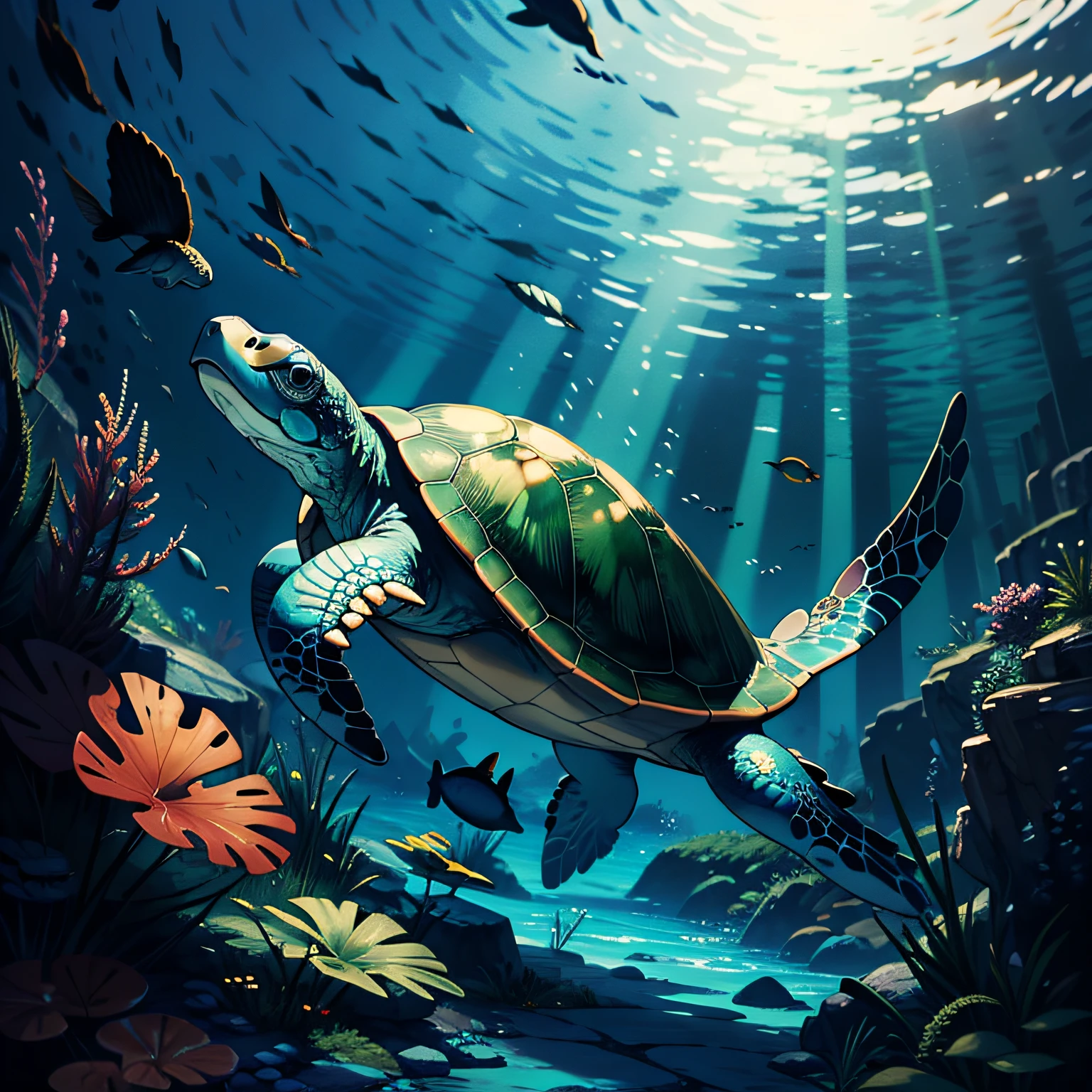 A turtle,Turtle,green color,Under water, hyper HD, Masterpiece, High quality