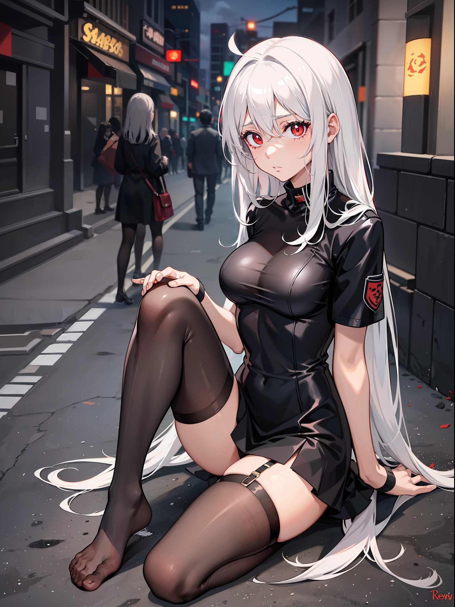 cabelos preto e longos,red pupils,Eyes bloody tears,Broken uniforms,black pantyhoses,without wearing shoes,sat on the ground