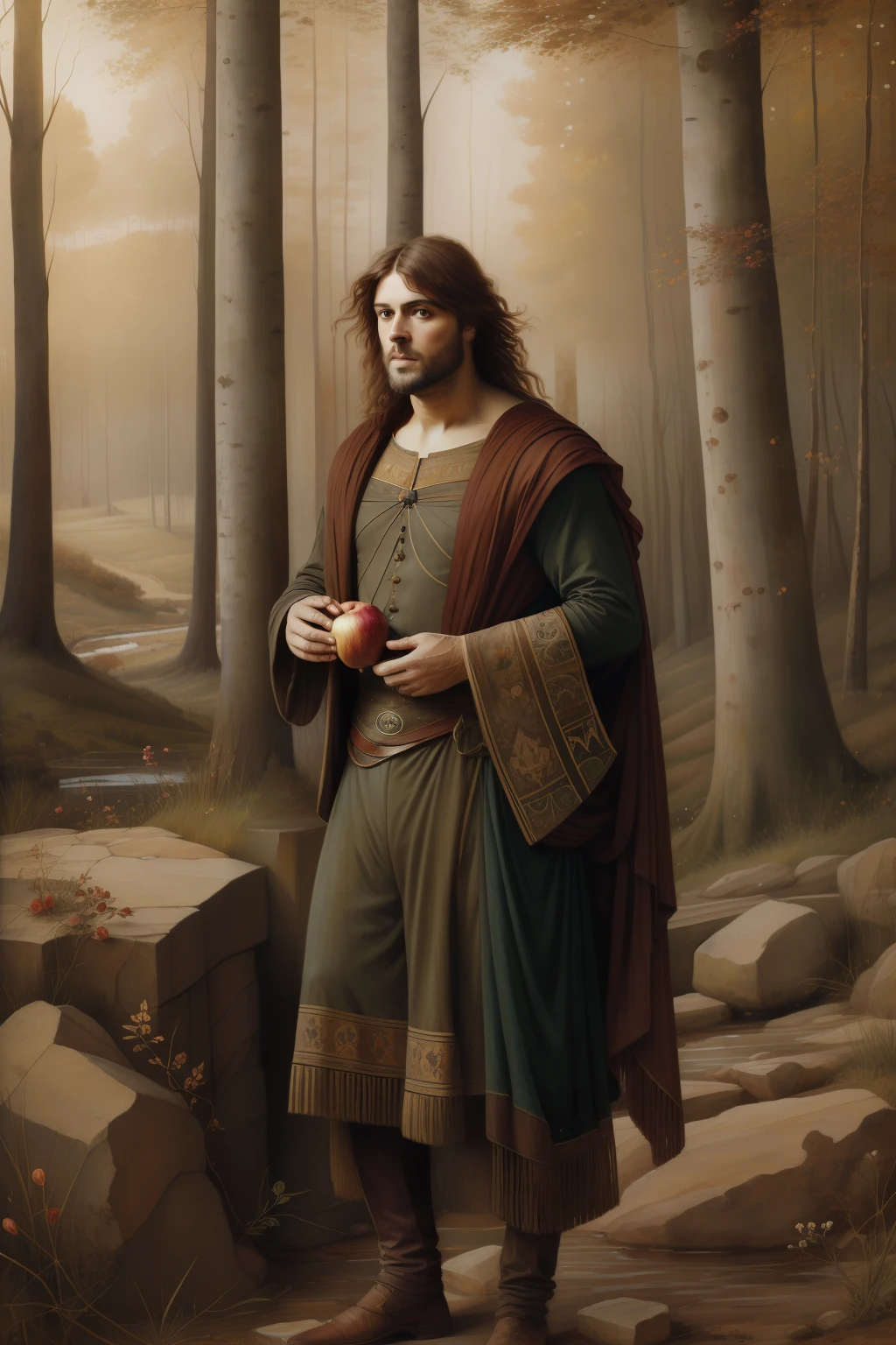 (((pintura pre raphaelie))) homem selvagem coberto de folhas de outono, holds an apple, roupas esfarrapadas, homem velho, barba branca, louco da floresta, paisagem celta, floresta encantada, roupa rasgada, homem celta velho, idoso, rustic man, macieiras