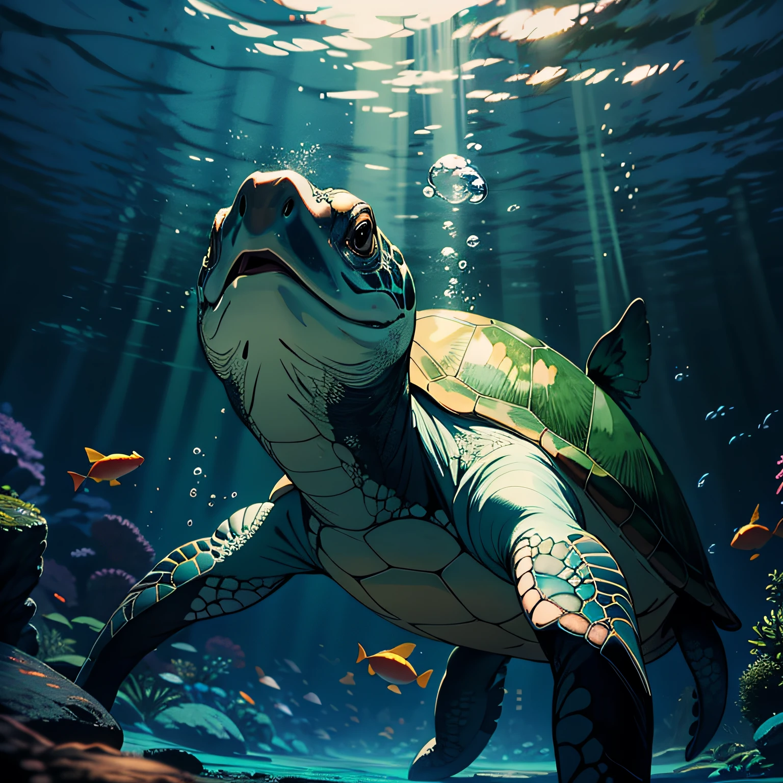 A turtle,Turtle,green color,Under water, hyper HD, Masterpiece, High quality