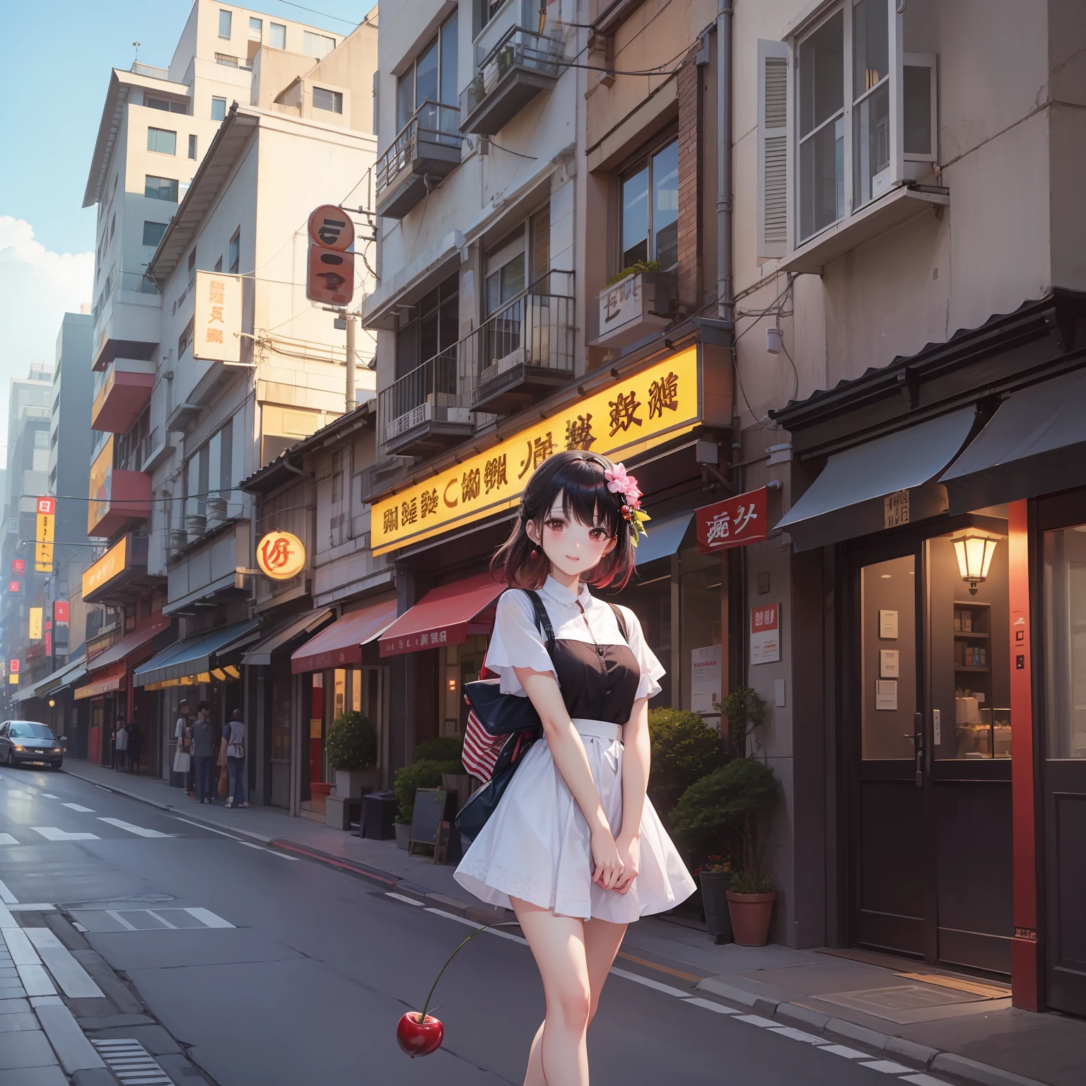 a beauty girl、Cherries、Walking alone in a bright city
