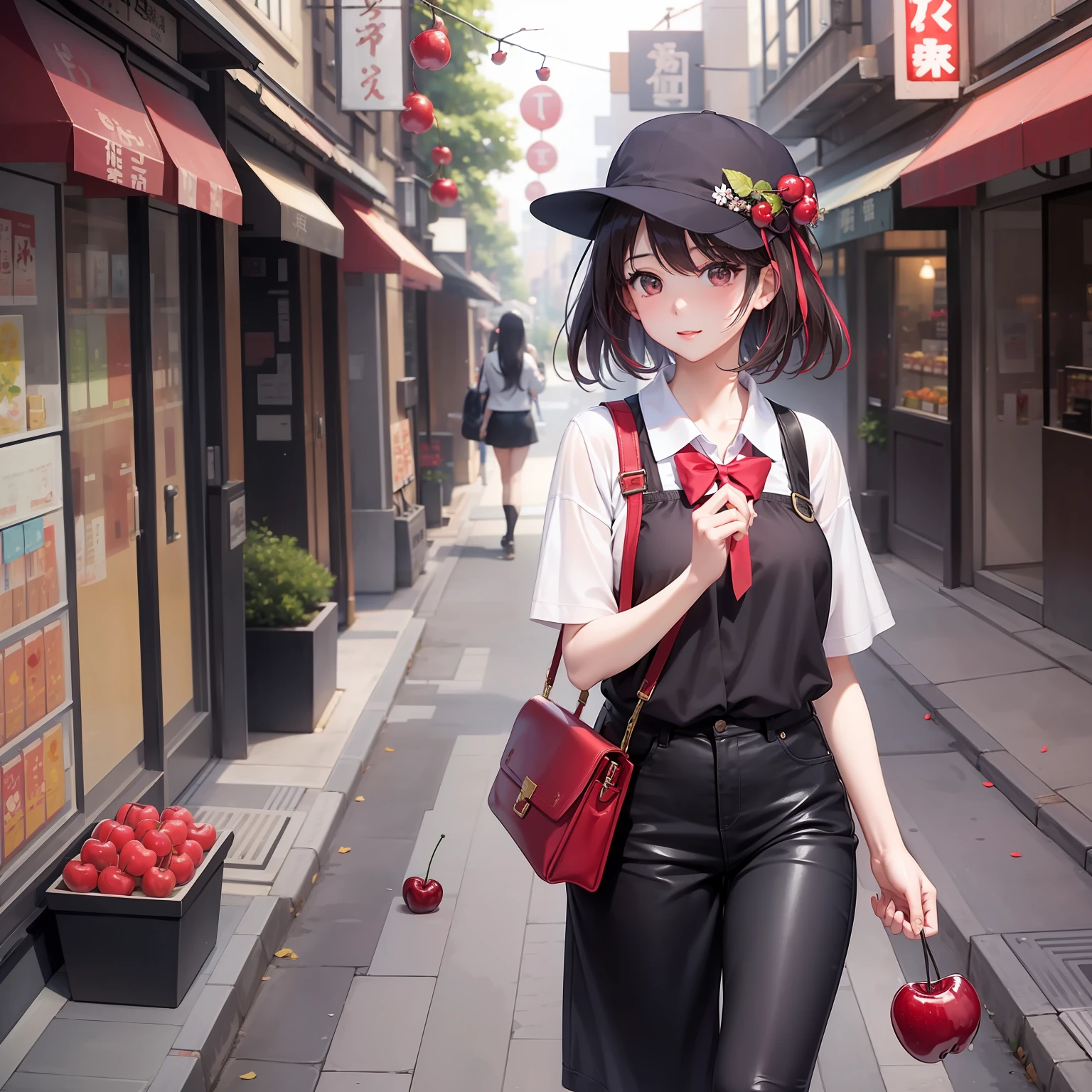 a beauty girl、Cherries、Walking alone in a bright city