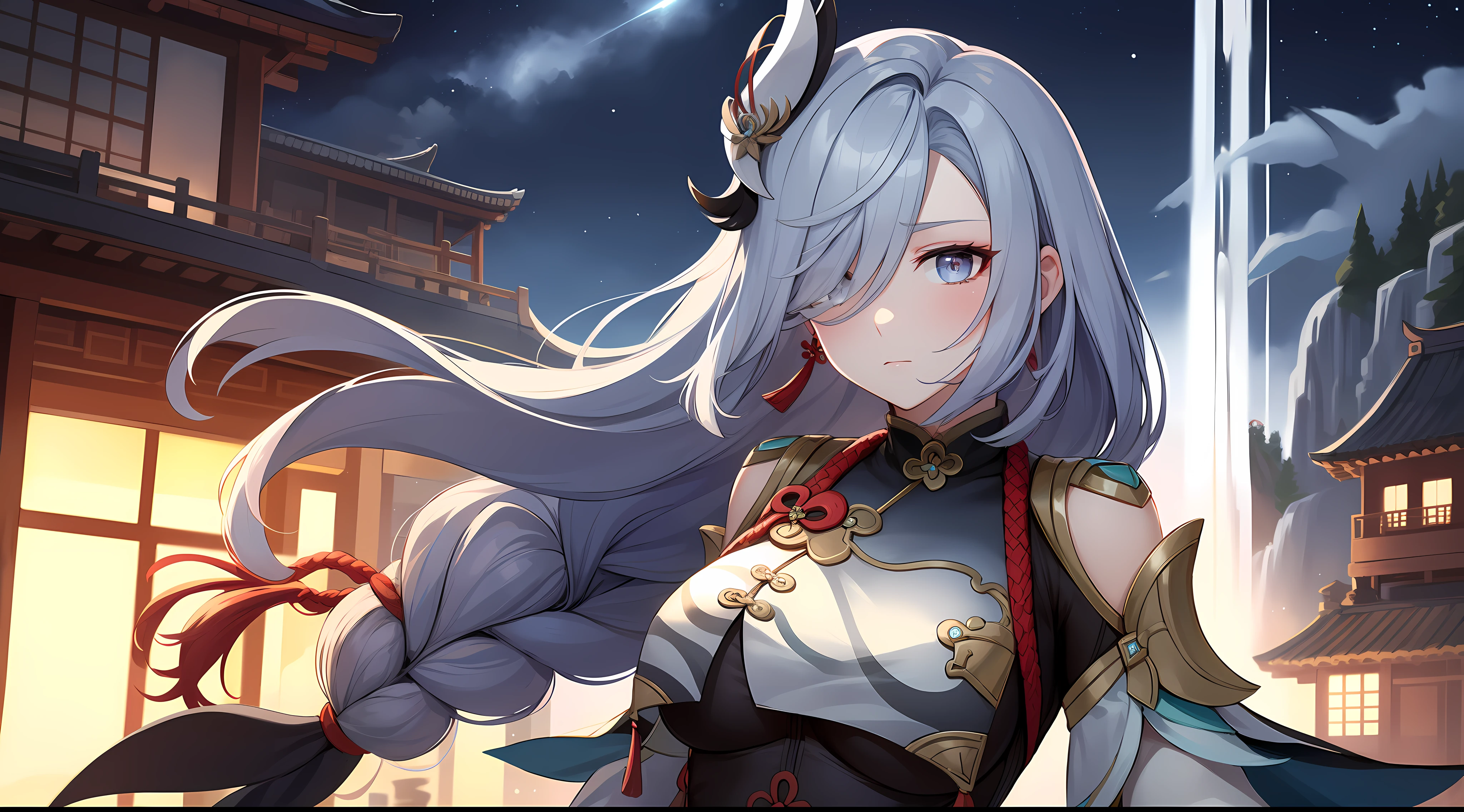 shenhedef, upper body, serious expression, blush, outdoors, night, liyue house background, night starry sky, short hair, sky, beautiful nature surrounding by waterfall, looking at viewer, mountain, moody lighting, (perfect detail eyes:1.2), glowing eyes, long hair braid