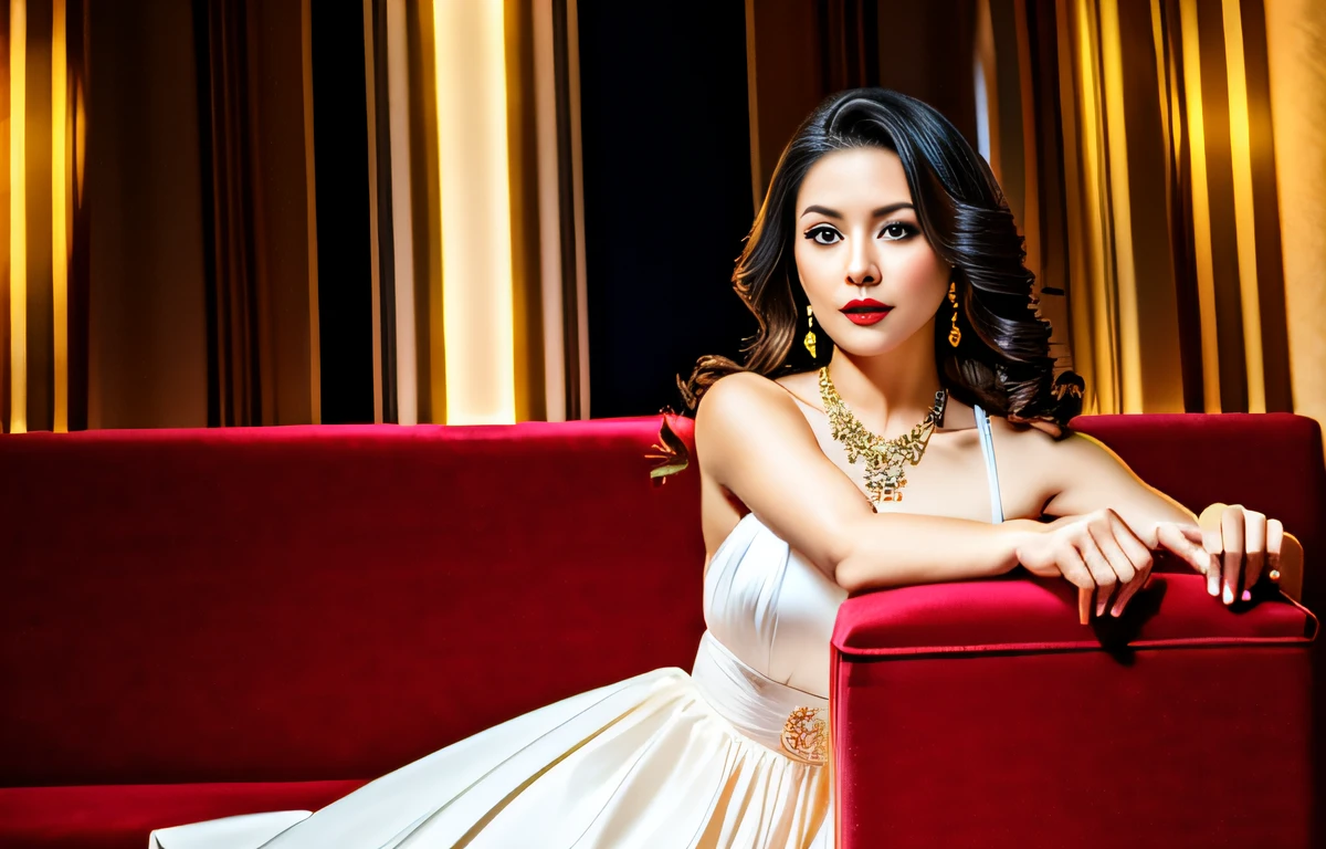 photography, woman, full body of woman in white dress, looking at viewer, jewerly and hair on hair, red lipstick, golden necklace, earrings, ornate, detail, flowers, blurry background, soft focus. (8k, RAW photos, highest quality, masterpiece: 1.2). (Realistic, Photorealistic: 1.37). 1 girl. Indonesian. Woman. Professional lighting. Photon mapping. Radio City. Pure black eyeshadow. Pitch black lip. Pitch black heels.
