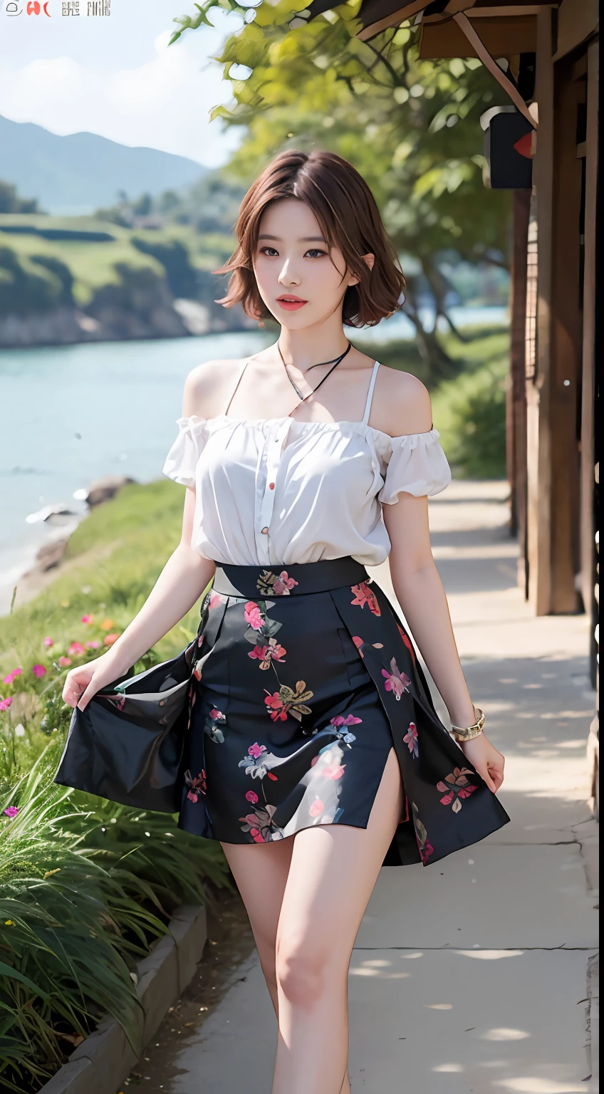 NSFW, 8K Raw photograph, best qualtiy, tmasterpiece, 超高分辨率, filmgrain, cinematic ligh, 1girll, looking at viewert, Natural skin texture, Realistic Eyes and Face Details, full pouty lips, lipsticks, (putting makeup on), Red eyeshadow, Short fluffy hair, messy hair, ssmile, Rejoice, beautifullegs, Tall women, being thin, Slim_Legs, 独奏, Brustwarzen, Pose with your hips facing you, Mini print silk skirt, hindquarters, Beautiful natural location, Location of flowers around, (detailedbackground) , Show a little through the shirt, Footwear, vague background, bblurry, halter,, short- sleeved, The ribbon is around the neck, JK ribbon, brown hair, bangle, Eau, By bangs, jewely, parted lip, cparted lips, from the front side, Printed silk skirt, depth of fields,beachside,zona rural,Printed silk suspenders,are standing,