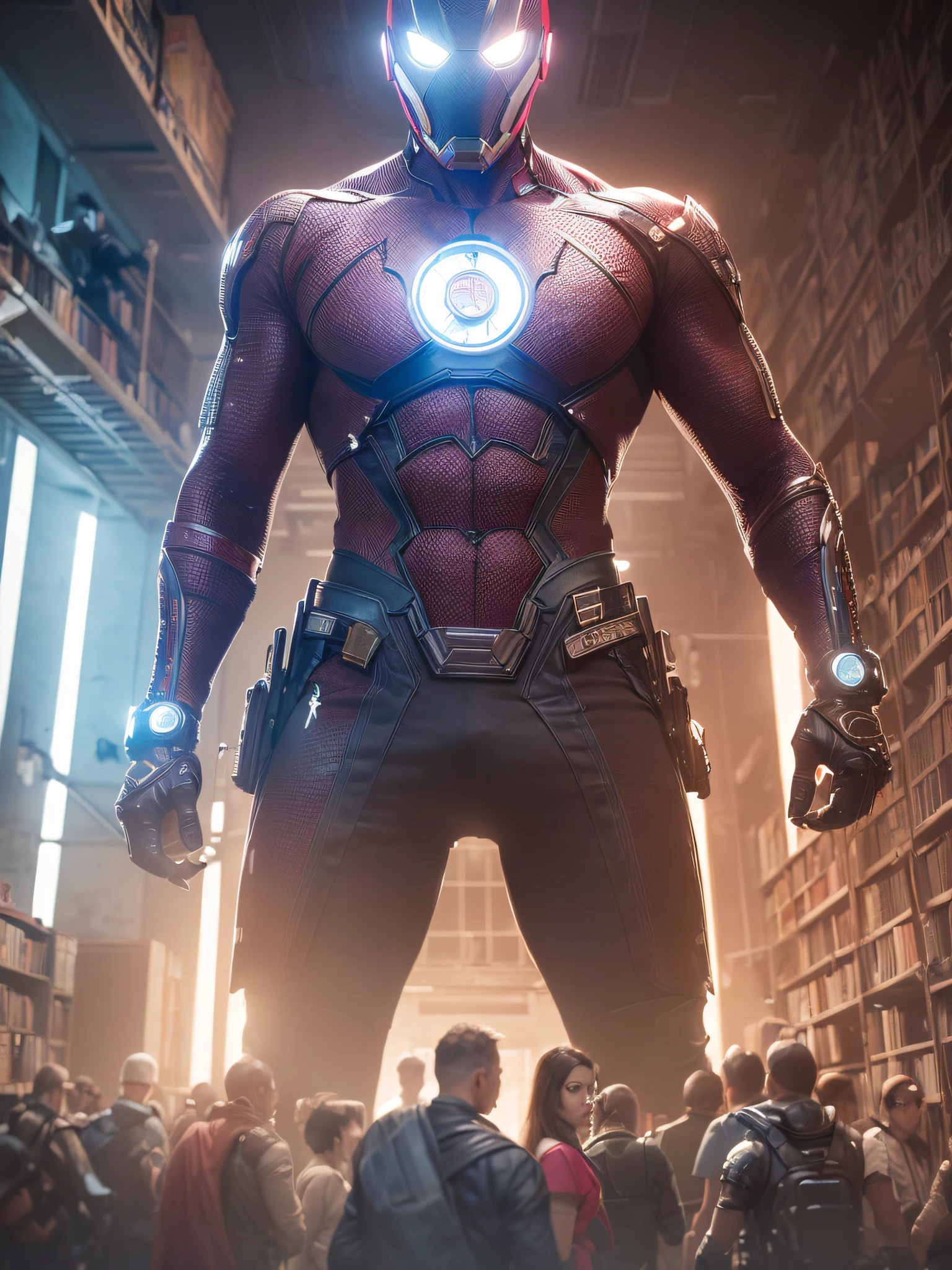 ((high quality)), ((masterpiece)), 8k, superhero with elements of the universe and cyberpunk, dystopian, infinity stones, magic around circulating, in the background a library of dystopian alchemy, hyper-realistic, + cinematic plan + dynamic composition, incredibly detailed, sharpness, details + perfectionism + award-winning realism ((ambient lighting))