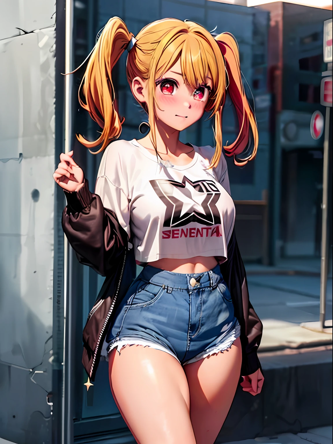 Ruby Hoshino, 1 girl, Solo, Ruby Hoshino, Symbol-shaped pupil, (Left star-shaped pupil:1.5), (Red eye, Left star:1.5), Symbolic eye, Long hair, Blonde hair, Bangs, Blushing, Side ponytail, baggy clothes, side tie panties, barefoot, thighs, shirt-only girl, baggy shirt, simple shirt, white shirt, long shirt (tight panties) ((tight shorts))