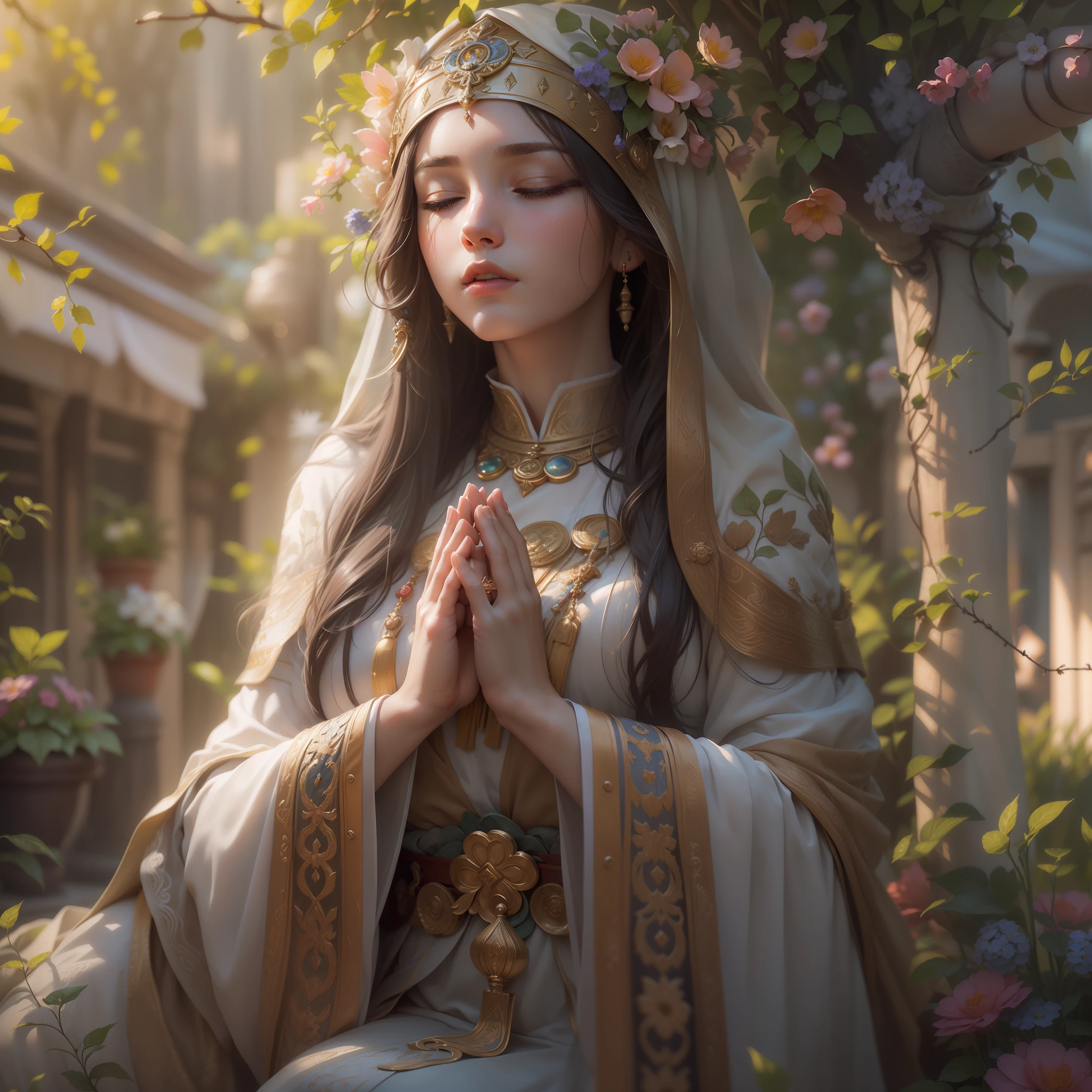 Award-winning photos of women, octan render, HDR, (hyperdetailed: 1.15), (Soft, Sharp Light: 1.2), 1Girl, priestess, eyes closed, from ((Hold hands together in gratitude.)), mature, beautiful body, eyes closed, Long knee hair ((priestess))), ((Masterpiece, Top  Quality, Best Quality, Official Art, Beautiful and aesthetic: 1.2), Extremely detailed, colourfull, In more detail ((Ultra-detailed)), (Highly detailed CG illustrations), ((Extremely delicate and beautiful)), Cinematic light, a garden, praying, head down