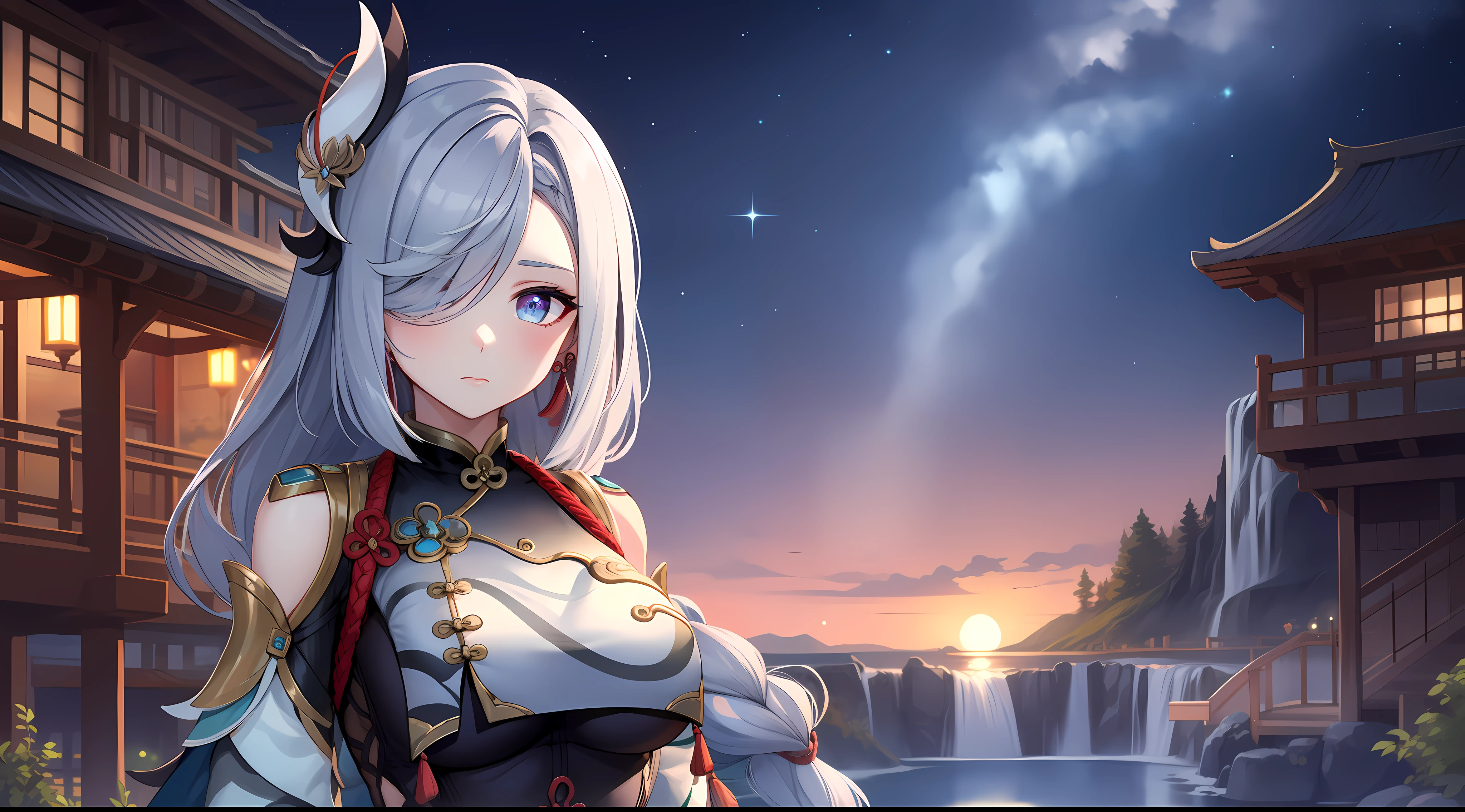 shenhedef, upper body, serious expression, blush, outdoors, night, liyue house background, night starry sky, short hair, sky, beautiful nature surrounding by waterfall, looking at viewer, mountain, moody lighting, (perfect detail eyes:1.2), glowing eyes, long hair braid