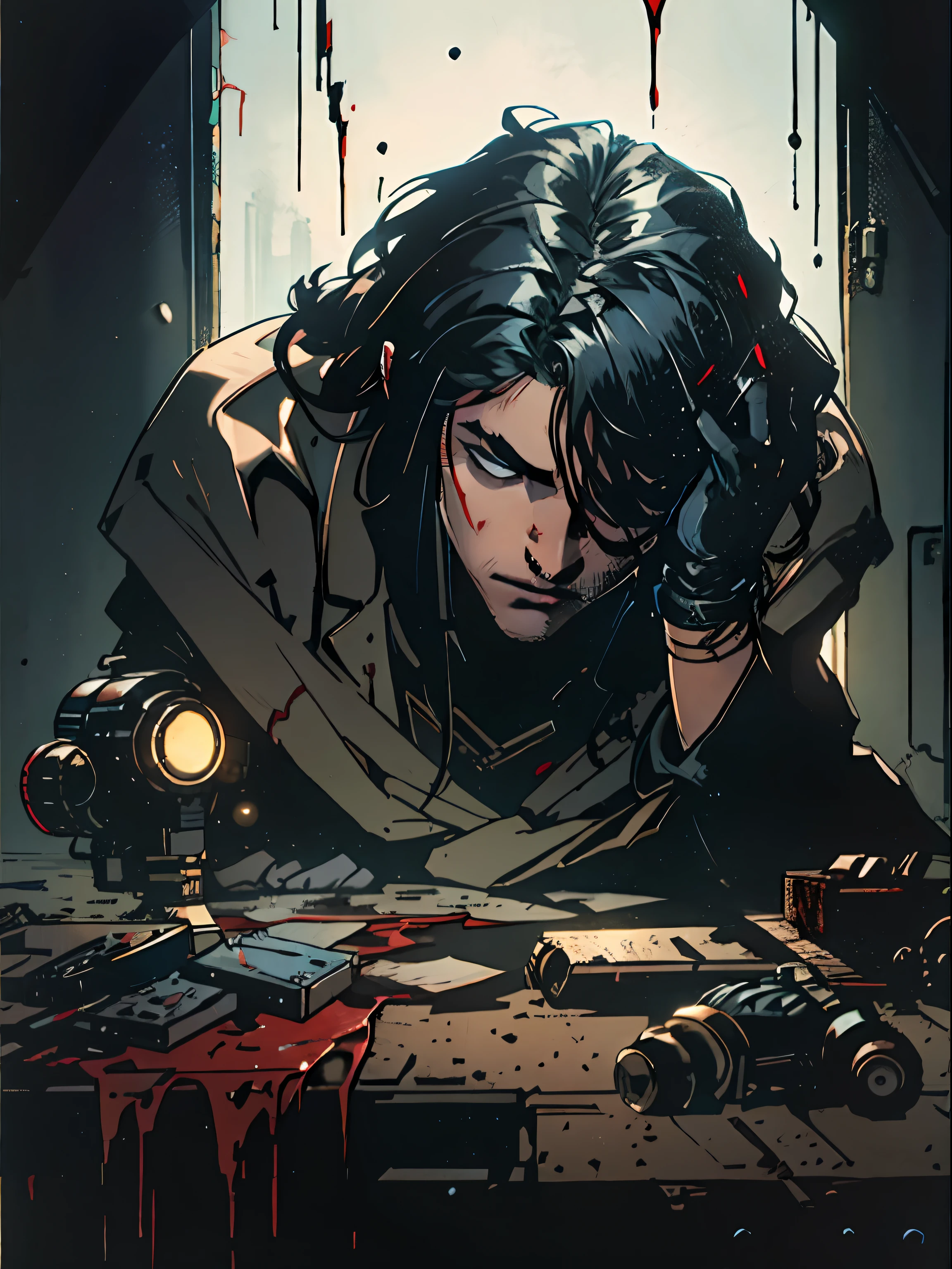 A boy in black clothes sits on the floor in the dark, A sad room with light on top of its head. Completely black background.  ciberpunk, face covered in blood and cuts, Long hair covers the eyes