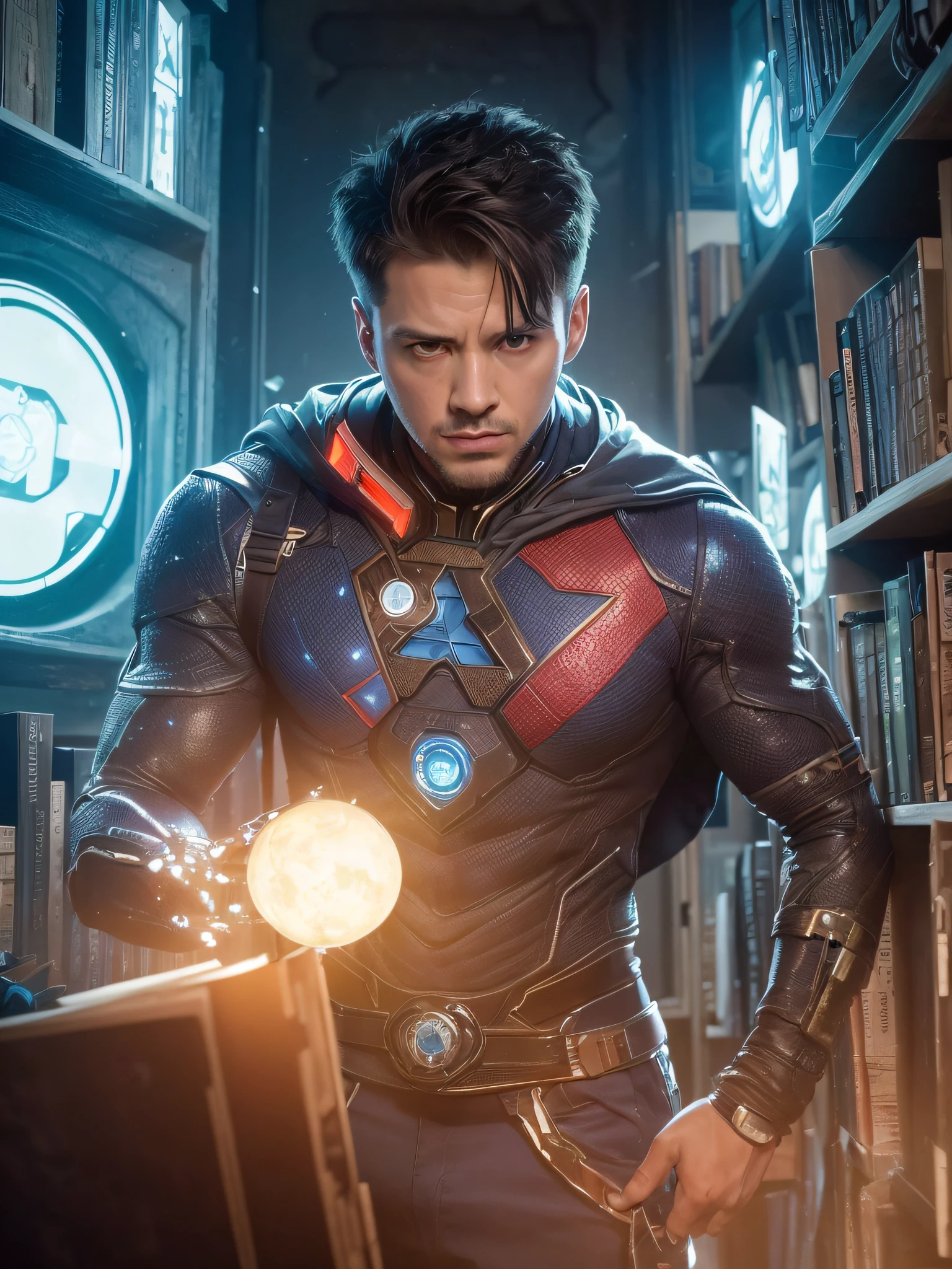 ((high quality)), ((masterpiece)), 8k, superhero with elements of the universe and cyberpunk, dystopian, infinity stones, magic around circulating, in the background a library of dystopian alchemy, hyper-realistic, + cinematic plan + dynamic composition, incredibly detailed, sharpness, details + perfectionism + award-winning realism ((ambient lighting))