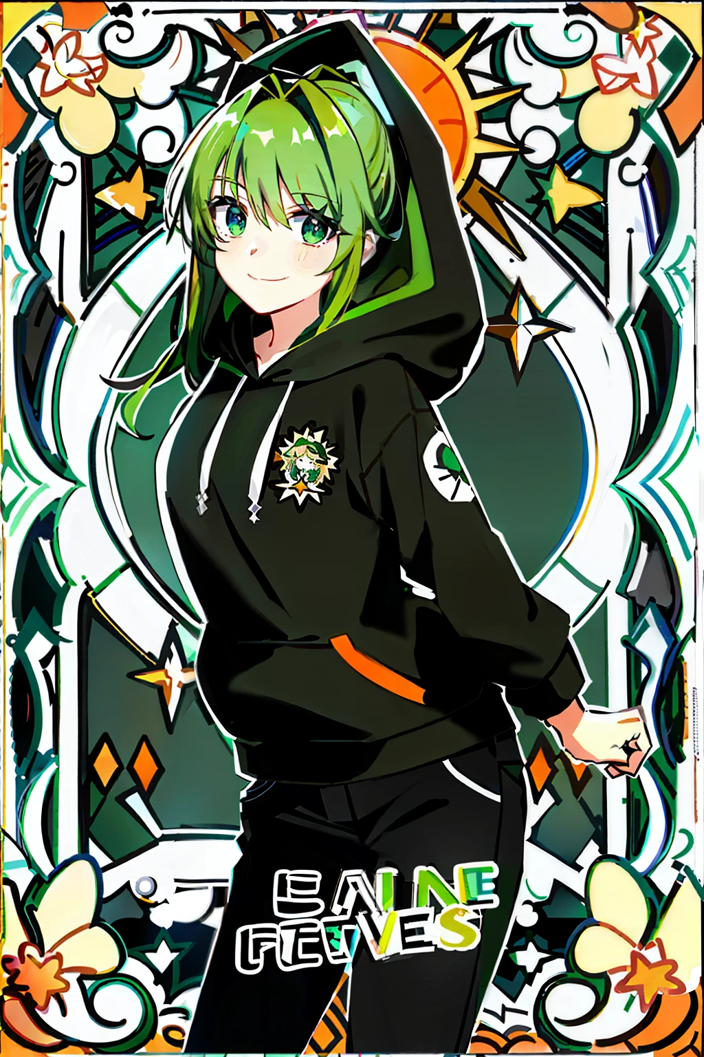 2D, Masterpiece, Best quality, Anime, Highly detailed, Cowboy shot, 1girll, Solo, monika, Green eyes, Leaning forward, arms back behind, Smile, Classroom,Monica's hair:Green and pink(7:3 scale),Black shirt,With hood,There is an orange kitten on the shirt,On the shirt「A star called the Sun」wording(Written in Russian),Eyes emerald green gemstones,The hair is placed inside the hood,Black cargo pants