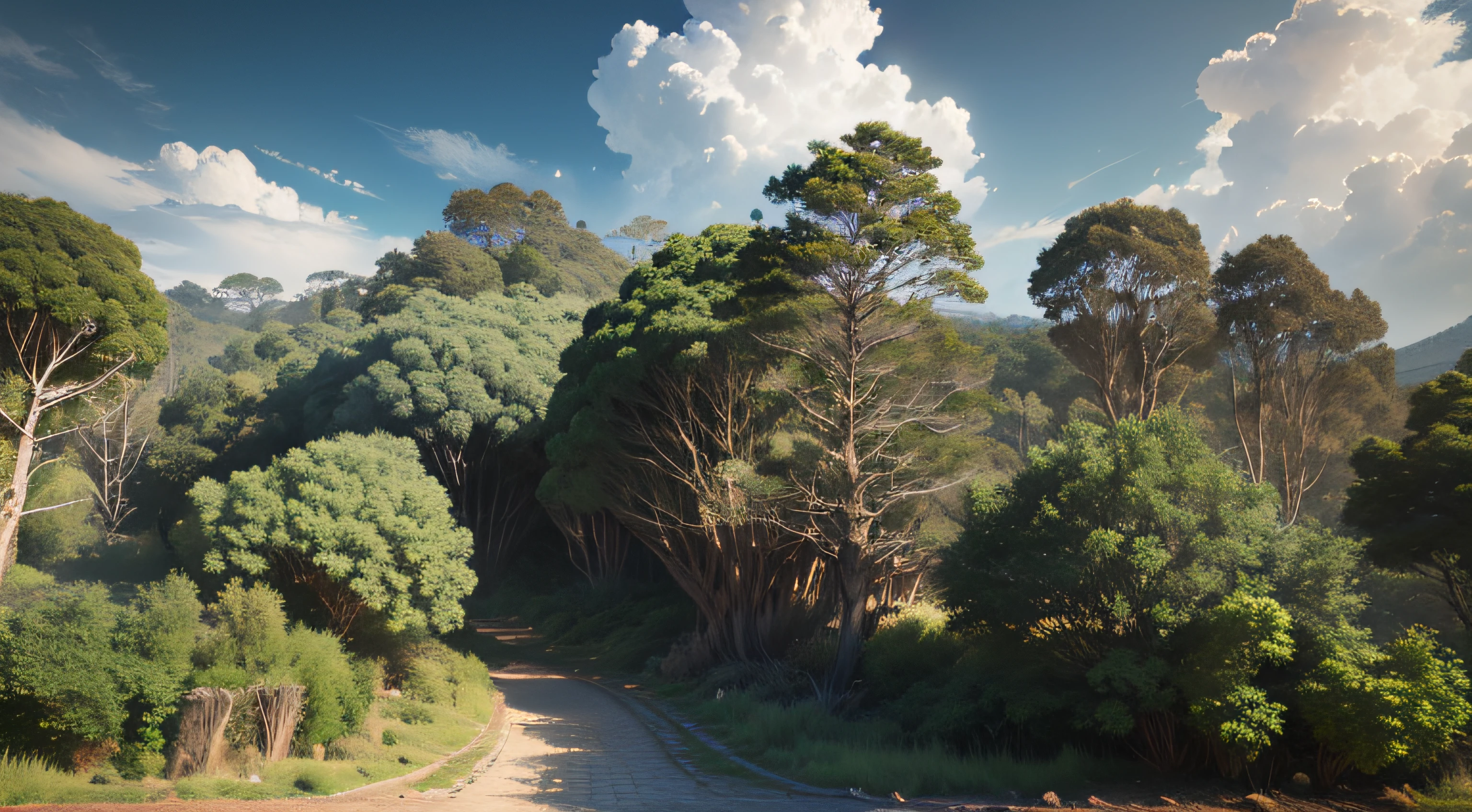 Paisagem linda com arvores gigantescas, Roots to Exhibitions, Vines, plantas coloridas, palmeiras, coqueiros, rochas gigantes, cachoeiras exuberantes, rio com pedras enormes, cabana de pesca, sky with dense clouds, sol, lua, profundidade de campo, global ilumination, hiper realista,