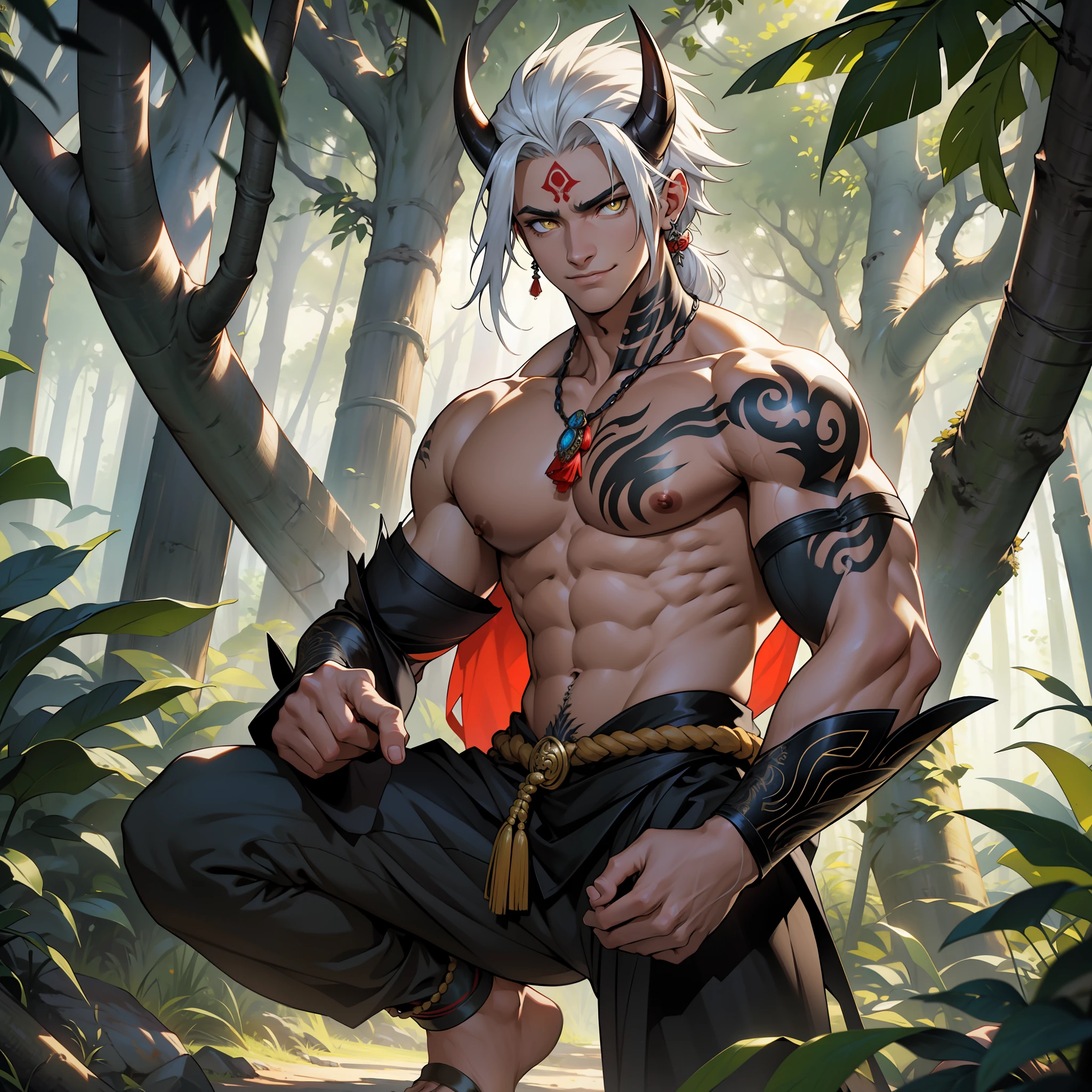 Na sombra densa da floresta, um impressionante Oni emerge, cativando com sua beleza avassaladora. Os cabelos brancos de neve tremulam pelos ombros, giving it an air of wisdom and mystery. His muscular body is a masterpiece of strength, destacando um peitoral amplo e definido, capaz de comandar respeito e temor. A pele exibe uma tonalidade rubra, aprimorando ainda mais sua natureza sobrenatural. Tatuagens vermelhas e retas serpenteiam habilmente por sua face, neck and arms, forming ancestral symbols and evoking an aura of ancient traditions. Yellow eyes transmit a magnetic intensity, revealing an enigmatic depth, como se contivessem conhecimentos ocultos dos tempos imemoriais. Sharp fangs adorn an enigmatic smile, retaking the true essence of an Oni and adding a fierce touch to its beauty. The black-painted nails emphasize her ferocity and legendary warrior prowess. Barefoot and shirtless, o Oni exibe sua grandeza enquanto segura habilmente um espaton vermelho profundo. The blade flickers with a mystical energy, carrying with him the ancestral heritage and power of this extraordinary being. Posicionado com orgulho na clareira, as tatuagens ganham vida, shining under the golden light that filters through the treetops. His posture reveals a mesmerizing combination of mystery and sensuality, involving those who have the honor of witnessing His supernatural majesty. com longos cabelos brancos, tatuagens vermelhas e retas, pretos, dentes afiados e olhos amarelos penetrantes, the Oni personifies the perfect harmony between mythical mystery and seductive attraction. An overwhelming and unforgettable presence, capaz de fascinar e encantar com sua beleza sobrenatural em todos os detalhes.