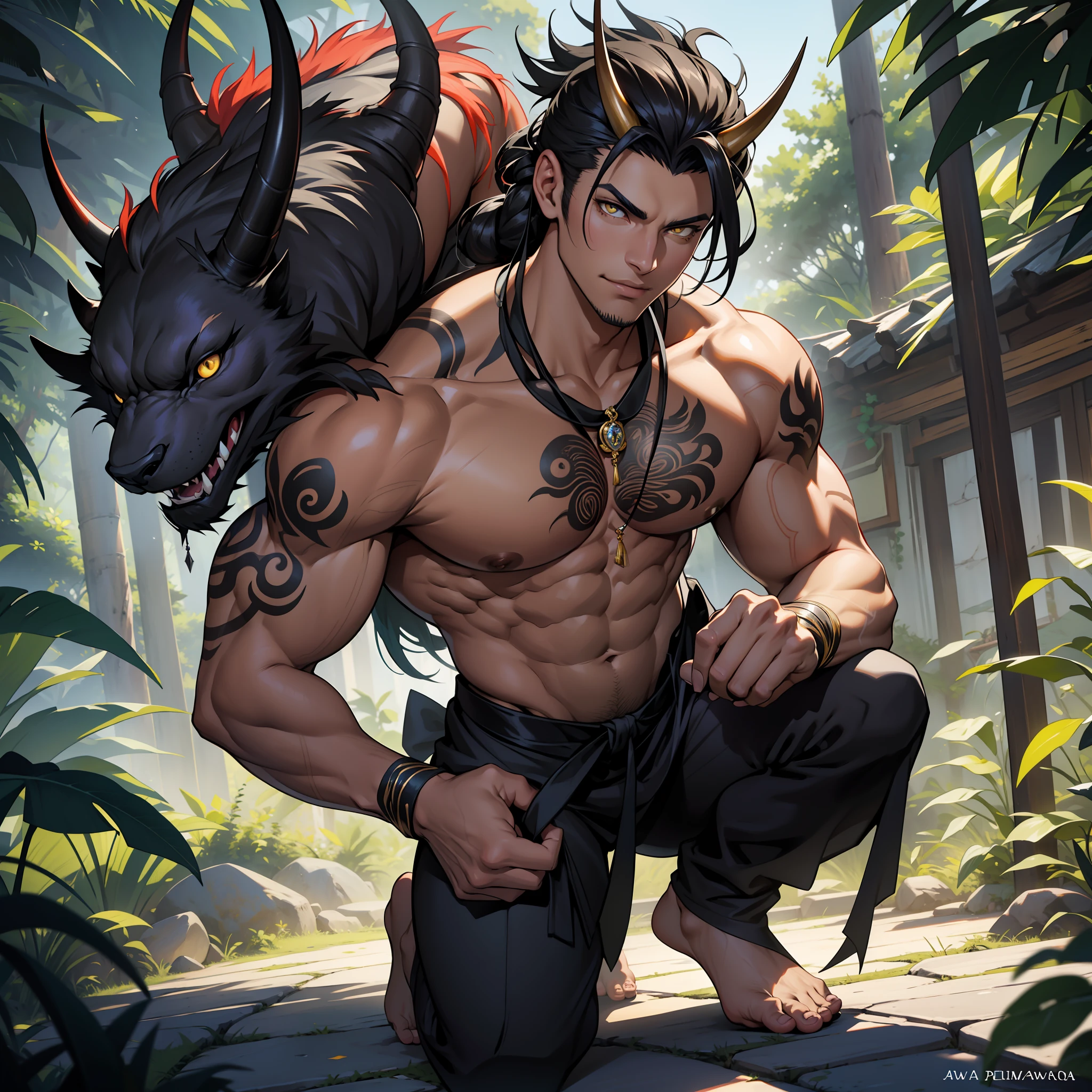 Na sombra densa da floresta, um impressionante Oni emerge, cativando com sua beleza avassaladora. Os cabelos brancos de neve tremulam pelos ombros, giving it an air of wisdom and mystery. His muscular body is a masterpiece of strength, destacando um peitoral amplo e definido, capaz de comandar respeito e temor. A pele exibe uma tonalidade rubra, aprimorando ainda mais sua natureza sobrenatural. Tatuagens vermelhas e retas serpenteiam habilmente por sua face, neck and arms, forming ancestral symbols and evoking an aura of ancient traditions. Yellow eyes transmit a magnetic intensity, revealing an enigmatic depth, como se contivessem conhecimentos ocultos dos tempos imemoriais. Sharp fangs adorn an enigmatic smile, retaking the true essence of an Oni and adding a fierce touch to its beauty. The black-painted nails emphasize her ferocity and legendary warrior prowess. Barefoot and shirtless, o Oni exibe sua grandeza enquanto segura habilmente um espaton vermelho profundo. The blade flickers with a mystical energy, carrying with him the ancestral heritage and power of this extraordinary being. Posicionado com orgulho na clareira, as tatuagens ganham vida, shining under the golden light that filters through the treetops. His posture reveals a mesmerizing combination of mystery and sensuality, involving those who have the honor of witnessing His supernatural majesty. com longos cabelos brancos, tatuagens vermelhas e retas, pretos, dentes afiados e olhos amarelos penetrantes, the Oni personifies the perfect harmony between mythical mystery and seductive attraction. An overwhelming and unforgettable presence, capaz de fascinar e encantar com sua beleza sobrenatural em todos os detalhes.