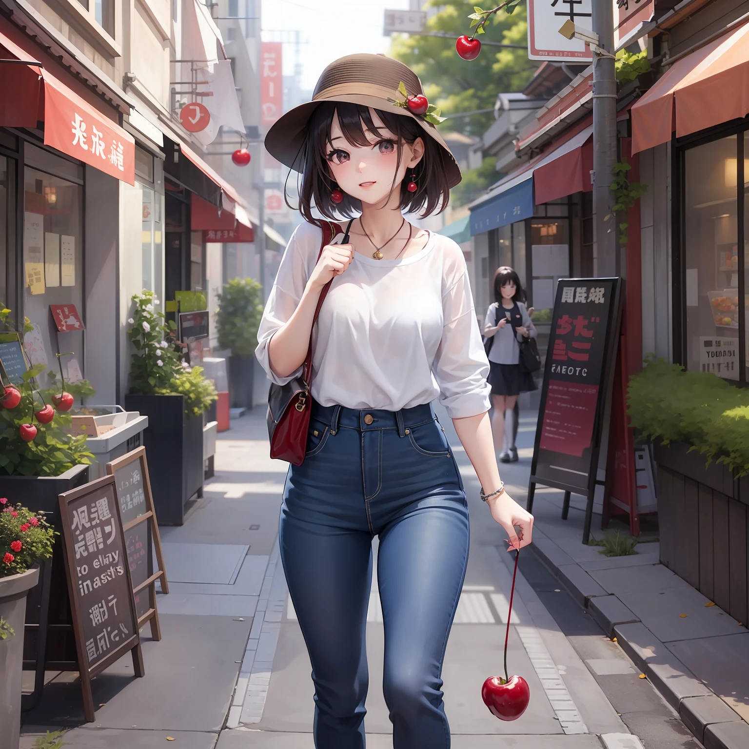 a beauty girl、Cherries、Walking alone in a bright city