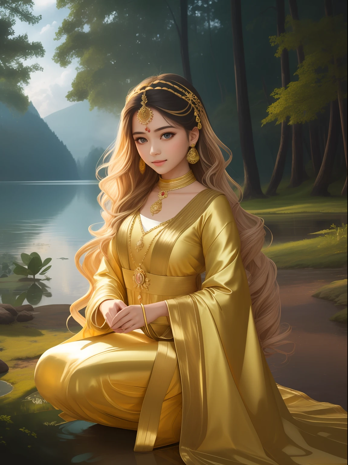 1 girl, esthetic and delicate beauty with half back little wavy gold shining hair, gold modernized royal India costume, background is in forest that have lake, blue sky, rainbow, cloud, magic, glow diffuse light, cool breeze, detail, masterpiece, high quality