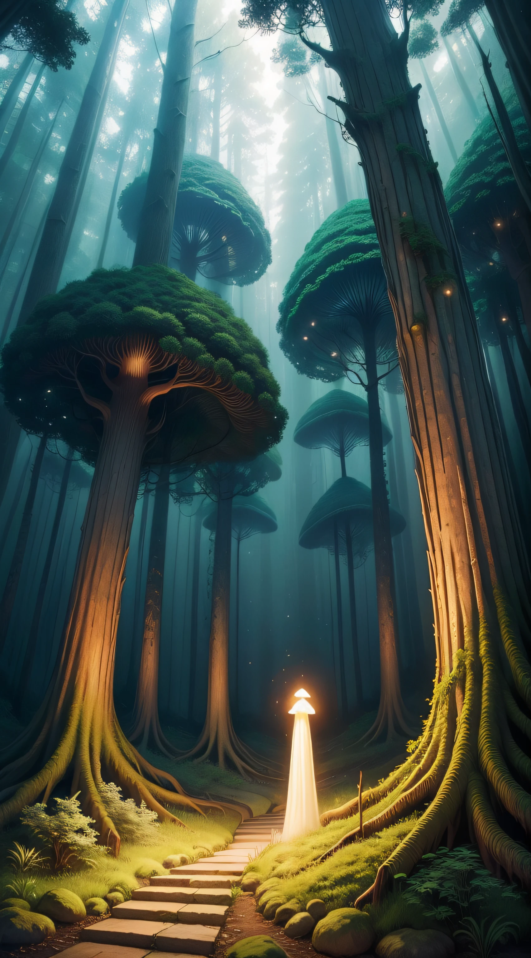 tmasterpiece,Best quality at best,Fiber tracing,jungles,Forest of dreamy monks,with light glowing,glowworm,great outdoors,Strange trees,The branches are intertwined。mushroom trees