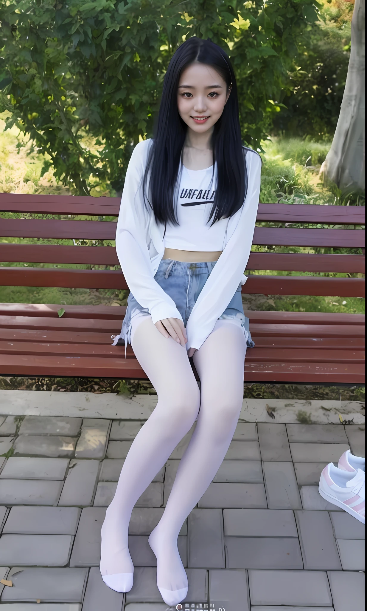 Asian woman sitting on park bench, Wearing white tights, White tights, Chinese girl, young and cute girl, wearing white clothes, Full length and white stockings, Young Asian girl, Korean girl, extremely pale, Asian girl, sat on the ground, chiho, pretty face with arms and legs, 18 years old