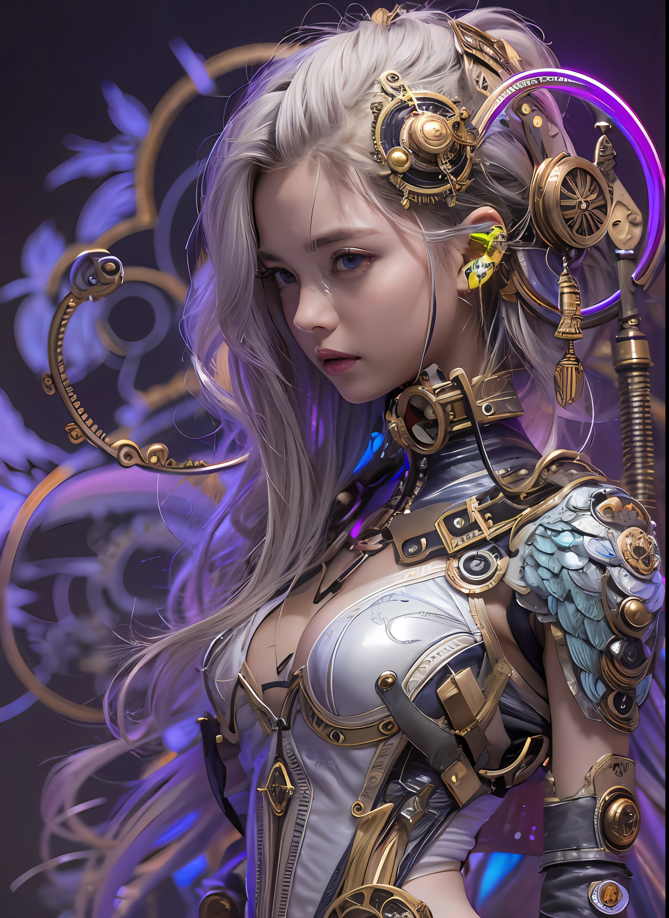 top-quality、​masterpiece、超A high resolution、(Photorealsitic:1.4)、Raw photo、女の子1人、a blond、glowy skin、1. Steampunk Angel Cyborg、large metal wings、((super realistic details))、portlate、globalillumination、Shadow、octan render、8K、ultrasharp、Colossal tits、Raw skin is exposed in cleavage、metals、Details of complex ornaments、Steampunk details、Hydraulic cylinder、highly intricate detail、Realistic light、CGSoation Trends、a purple eye、radiant eyes、Facing the camera、neon details、Mechanical limbs、blood vessels connected to tubes、Mechanical vertebrae attached to the back、mechanical cervical attaching to neck、cowboy  shot、Wires and cables connecting to the head、Sumerian details、Small LED lamp、