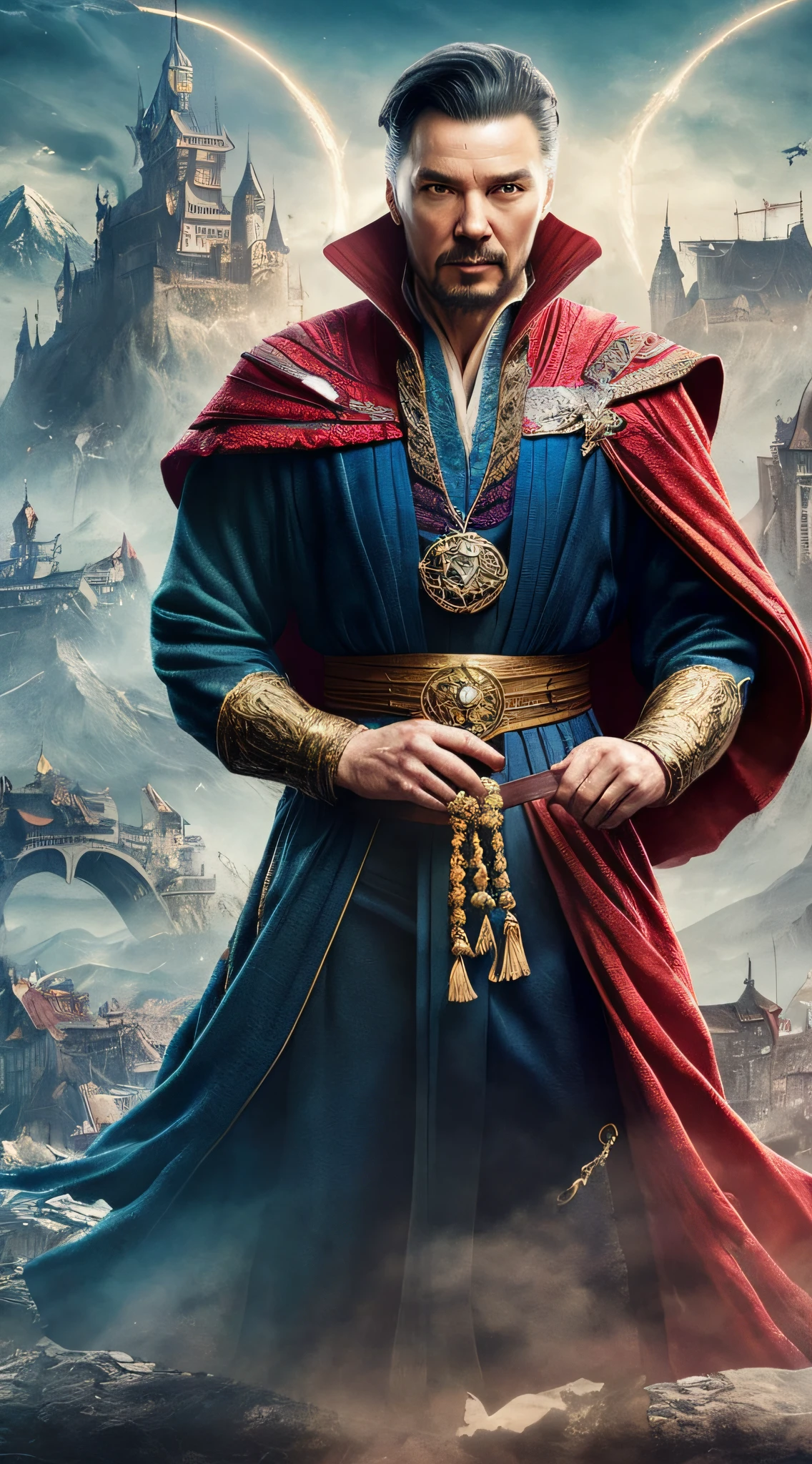 ((high quality)), ((masterpiece)), 8k, a wizard in the futuristic and dystopian style, hair and big beard, serene and wise face, with a background of castles and mountains, spell books and staffs, dr strange style